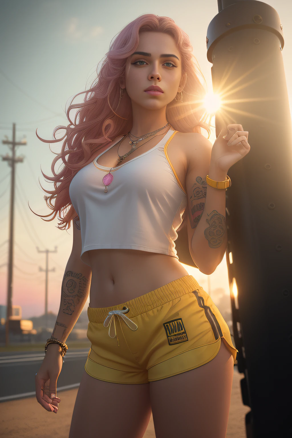(samdoesart:1.2), (nvinkpunk:1.2) a woman in a white top and pink shorts is standing next to a bike with a yellow background and, by Quentin Tarantino, 1girl, bracelet, brown_hair, jewelry, letterboxed, lips, long_hair, makeup, medium_breasts, midriff, nail_polish, navel, necklace, nose, orange_sky, pink_shorts, realistic, shorts, solo, sun, sunset, tattoo,wristband, yellow_background, yellow_sky, beautiful detailed glow, detailed, Cinematic light, intricate detail, highres, detailed facial features, high detail, sharp focus, smooth, aesthetic, extremely detailed, stamp, octane render,