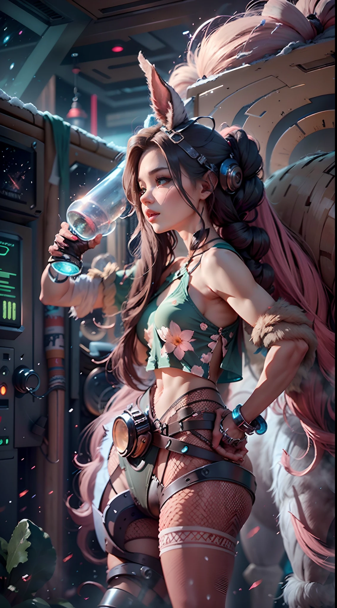 In a very grand scene，The extra-large wide-angle lens captures the appearance of a female centaur。She is tall，It has the ultimate curvy beauty，The muscles are slender and firm，Beautiful lines。Her facial features are tough and coquettish，Always with a sunny smile。She wears special tight-fitting equipment with a strong sense of technology，Step on multifunctional off-road style heels，Delicate and practical protective gear is worn on the hands, feet, wrists, neck and shoulders。The detection equipment around you flashes various cue lights and neon-like information screens，Let her exude a charming brilliance。Use Midjourney's advanced tools，Design special tight-fitting equipment for female centaurs，Highlight her unique physiological characteristics and appearance details，Add realism。And in her adventure scene，Spectacular views of nature，Such as the sky where storms and sunny days alternate、Brilliant rivers of stars and auroras、The snow-capped summit of Mount Everest、Fireworks in the mountain town, etc。ao mesmo tempo，Away from the hustle and bustle of Long Beach Pier is a neon-lit spaceship docked，Create a fantastic scene。Use Midjourney's advanced tools and multiple color palettes、Brush Strokes、Texture tools and model packages，It shows a sense of atmosphere where beauty and charm coexist。The charm of the female centaur is highlighted through color and lines，Enhance realism with detailing，Create a surreal dreamy feeling。Additionally，Use Midjourney's tools to add a variety of extreme sports gear and cultural trinkets to the female centaur，Create intricate hairstyles and outfits，Give her a sense of premium。She never flinches，Regardless of the terrain，can respond quickly，Even the extreme geography and dangerous terrain of aliens cannot stop her。Use Midjourney's powerful tools，You can do it with incredible detail and beauty，Bring this ultra-grand and beautiful scene to life。Ultra-grand scenes，super wide shot， hdr，（真实感，Masterpiece quality，best qualtiy），