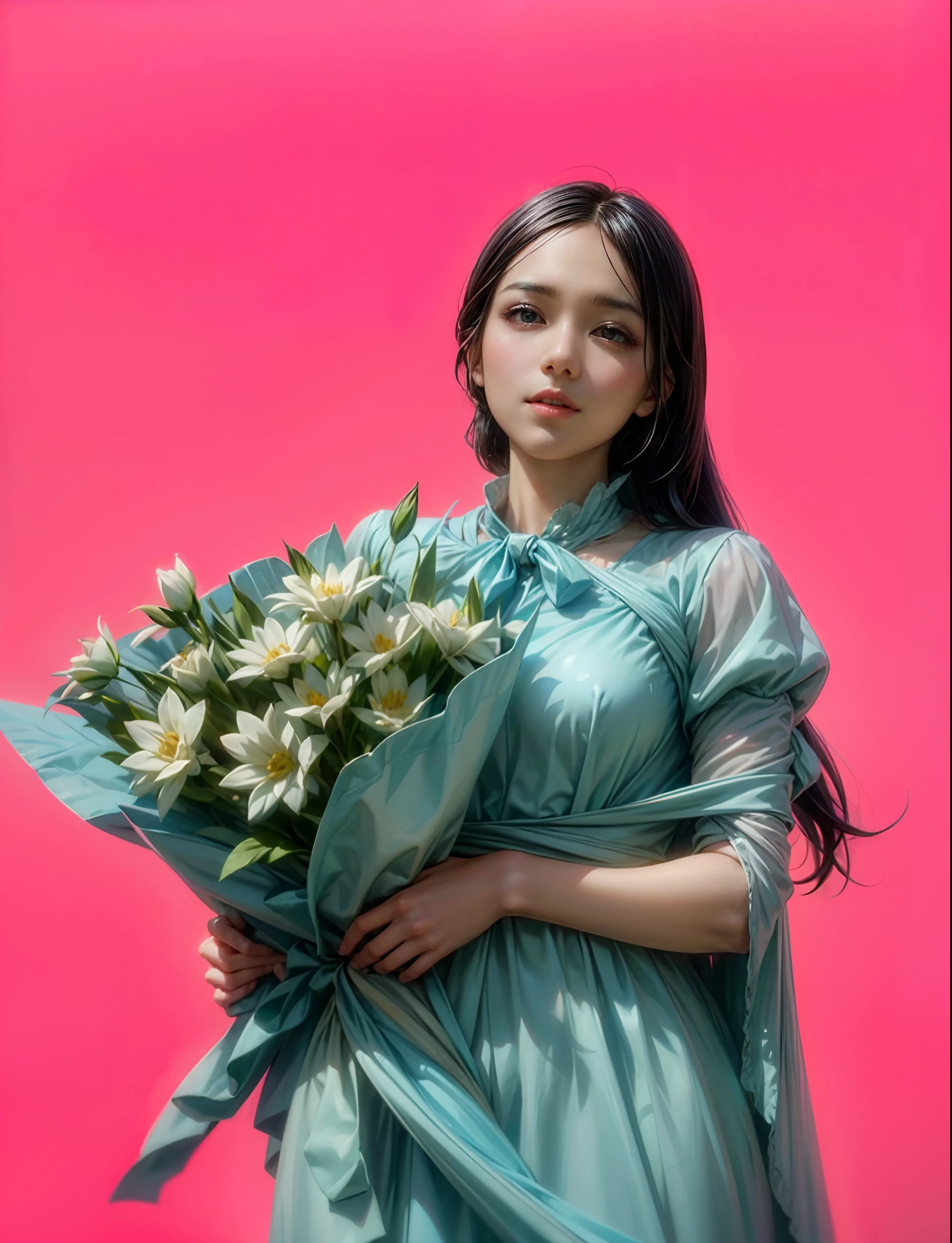 Beautiful anime girls,Long black hair,Delicate and delicate face,light smile,Holding a very beautiful bouquet of light blue flowers,Beautiful dress in light blue,Perfect hands,detail-rich,solid color simple background,Movie lighting,contrast of light and shadow,style of anime