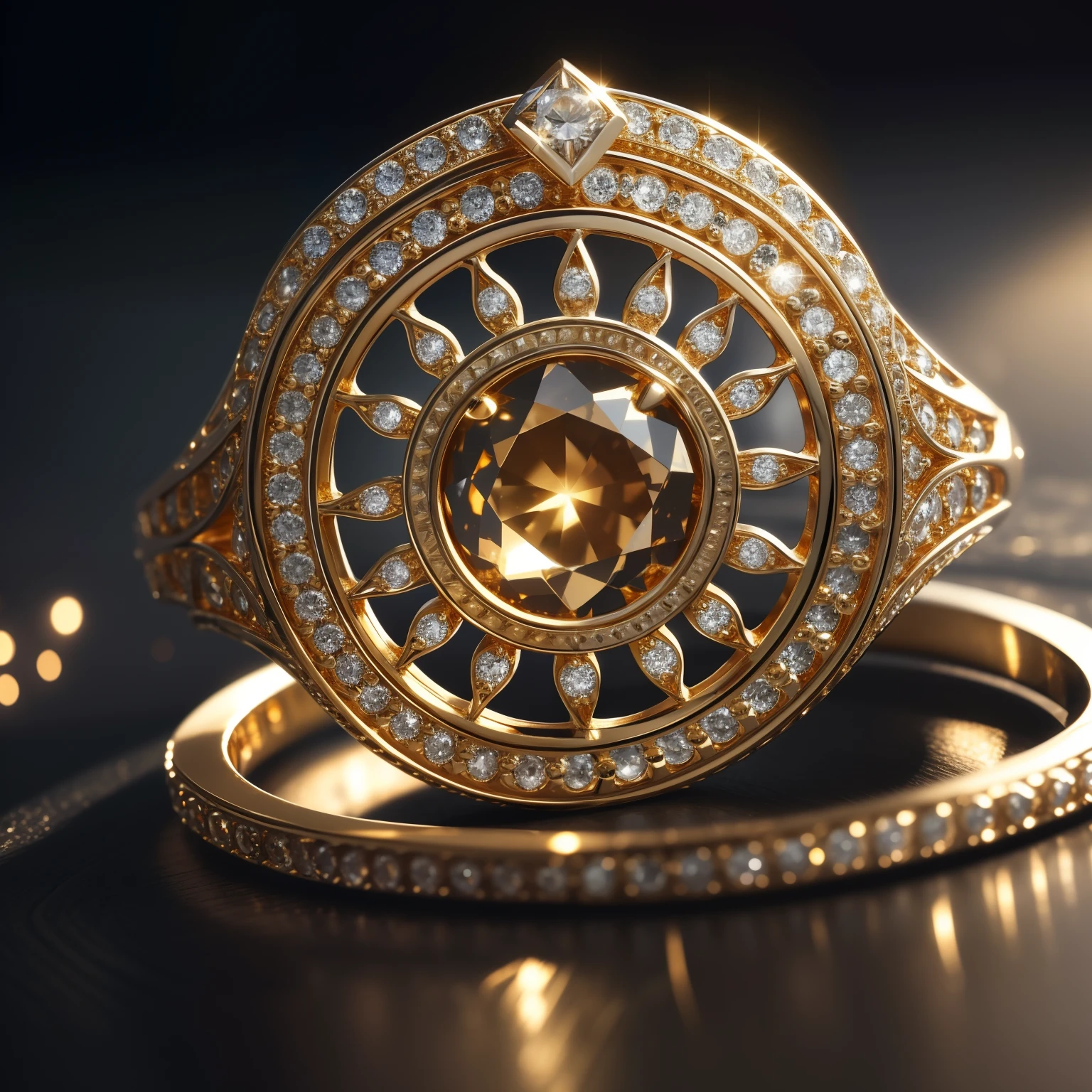 Dazzling ring,Close-up of details,(Draw the complete structure of the ring:1.3),(The ring is displayed independently:1.2), Finely cut pyramid-shaped crystal diamond,African blood diamonds,(Yellow gold ring:1.3),Metal inlay,(Very detailed diamond structure),(Exquisite diamonds),Silvery-white sparkling,The ring is engraved with ancient and delicate mysterious patterns,(The ring is depicted in detail),Dazzling light,Elevation viewing angle,In the background is a luxurious medieval bedroom,The bedroom has a layered depth of field effect,(Don't show people:1.3),(light and shadow effect),(Depth of field effect),(Tyndall),(Light particle tracing),(CG),(Cinematic lighting visuals),(Volumetriclighting),(Unreal 5),(cinema4d),(vivd colour),(Obvious layers),(Photography Award),(8k wallpaper),(Masterpiece),(best qualtiy), photorealestic,realisticlying