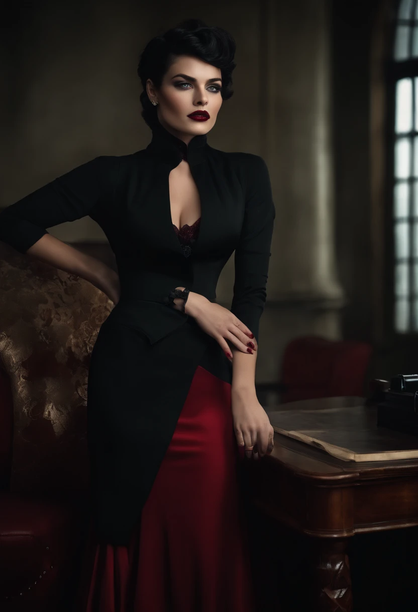 Gang leader, woman, London 1814 year, overcast, sitting at the table in her office, athletic physique, neckline, tattoos on torso, ((black-red vintage clothing:1.5)), matte top hat, black coat, sly look, roughened appearance, cinematic, cannon 6d, octane render, vintage aesthetic, mysterious aura, dark atmosphere, detailed face, mysterious aura, bright skin, short black hair, detailed intense blue eyes, arched eyebrows, dark makeup, full lips, dark red lipstick