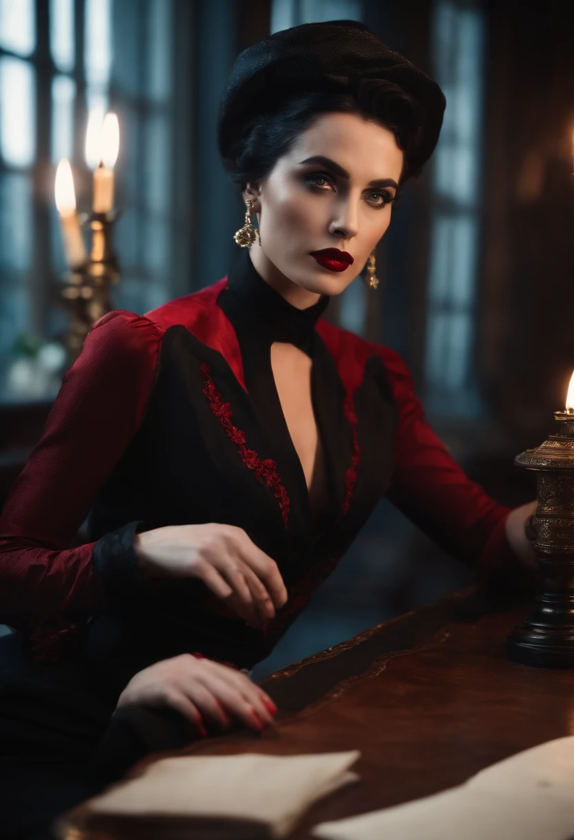 Gang leader, woman, London 1814 year, overcast, sitting at the table in her office, athletic physique, neckline, tattoos on torso, ((black-red vintage clothing:1.5)), matte top hat, black coat, sly look, roughened appearance, cinematic, cannon 6d, octane render, vintage aesthetic, mysterious aura, dark atmosphere, detailed face, mysterious aura, bright skin, short black hair, detailed intense blue eyes, arched eyebrows, dark makeup, full lips, dark red lipstick