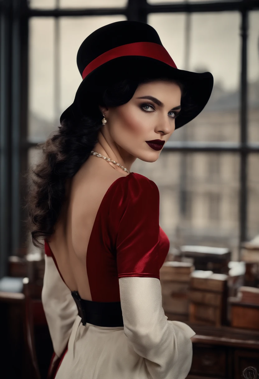 Gang leader, woman, London 1814 year, overcast, sitting at the table in her office, athletic physique, neckline, tattoos on torso, ((black-red vintage clothing:1.5)), matte top hat, black coat, sly look, roughened appearance, cinematic, cannon 6d, octane render, vintage aesthetic, mysterious aura, dark atmosphere, detailed face, mysterious aura, bright skin, short black hair, detailed intense blue eyes, arched eyebrows, dark makeup, full lips, dark red lipstick