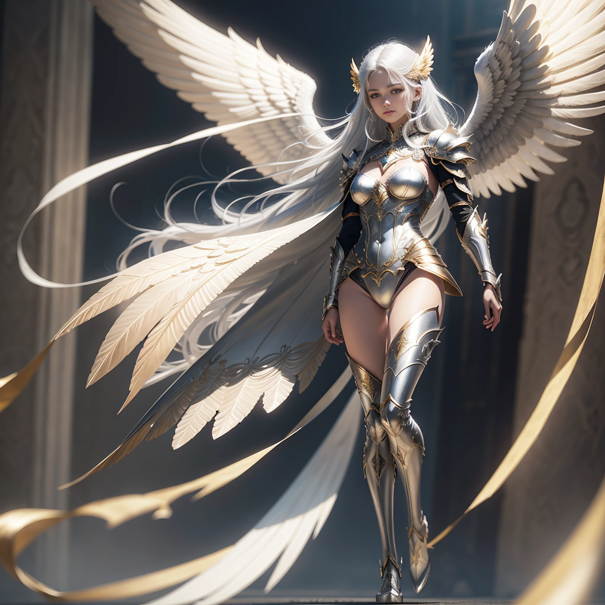 Solo, full body, an angel with beautiful clothes, flying, diamond, gold and silver armor parts, 8k, artwork, realistic photography, award-winning photography, beautiful image, best quality, defined wings, bright, gleaming, nice image, supreme beauty, sapphire wings, shiny silver hair