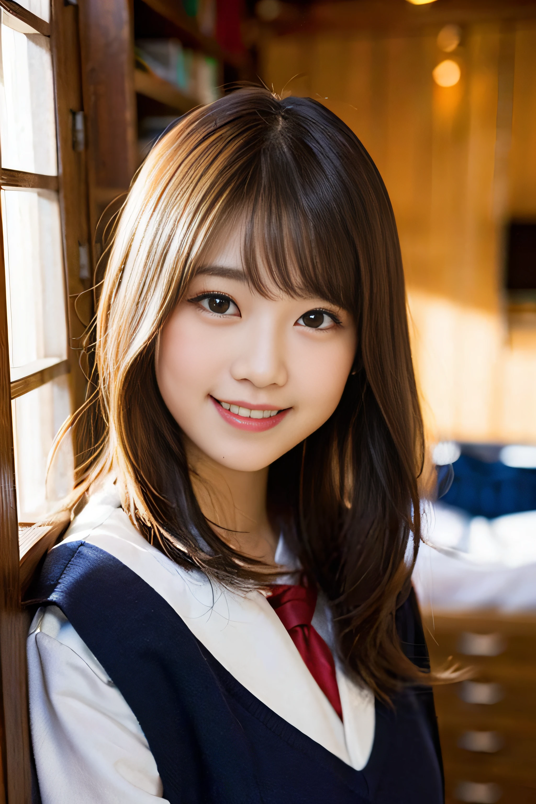 (8K、Raw photography、top-quality、masterpiece:1.2)、(realisitic、Photorealsitic:1.37)、ultra-detailliert、超A high resolution、女の子1人、see the beholder、beautifull detailed face、A smile、Constriction、(Slim waist) :1.3)、Beautiful detailed skin、Skin Texture、Floating hair、Professional Lighting、Whole human body、Longhaire、a blond、japanese hight school uniform、a sailor suit、Bob Hair、Happy smile、15yo student、innocent smiles、childs room、Crumpled smile