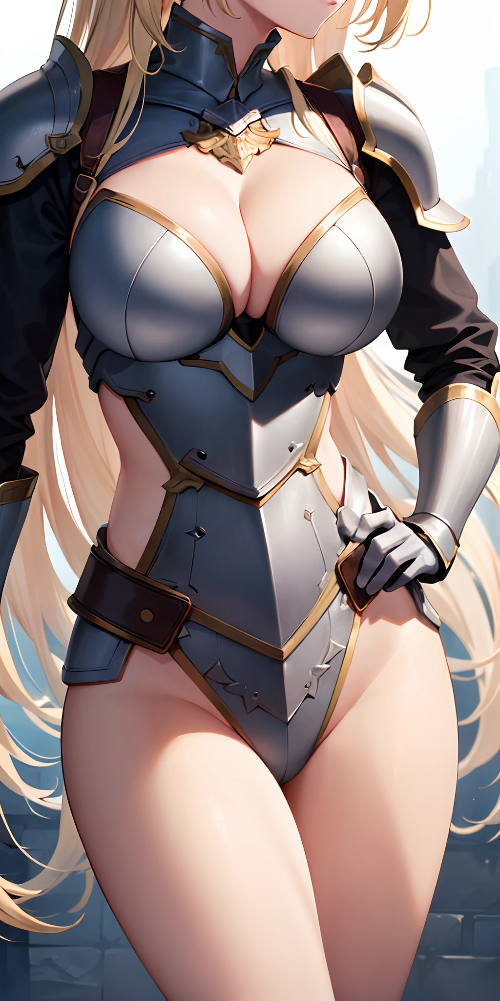 (best quality,highres), blonde long hair, large breasts, breastplate, cleavage, thighs, sexy, (close shot), armor texture, shining armor, vibrant colors, dramatic lighting, head out of frame, hand on hips