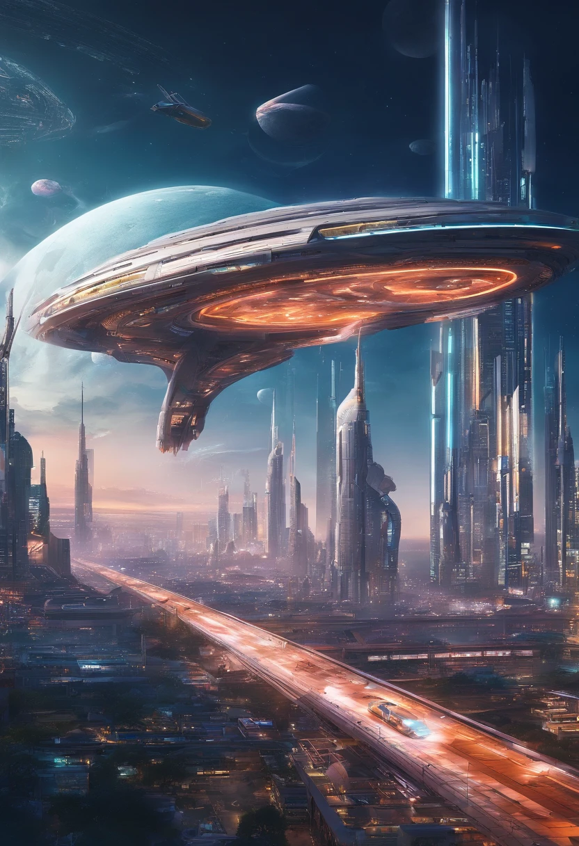 futuristic city with futuristic train and futuristic buildings at night, Arte conceitual do futuro, outra palavra futurista cidade, Em Fantasy Sci - Cidade de Fi:, bela cidade do futuro, futuristic utopian city, 8K resolution concept art, 8K resolution concept art, cidade do futuro, Porto espacial futurista, arte conceitual 8 k, Arte conceitual de Sci-Fi Hollywood