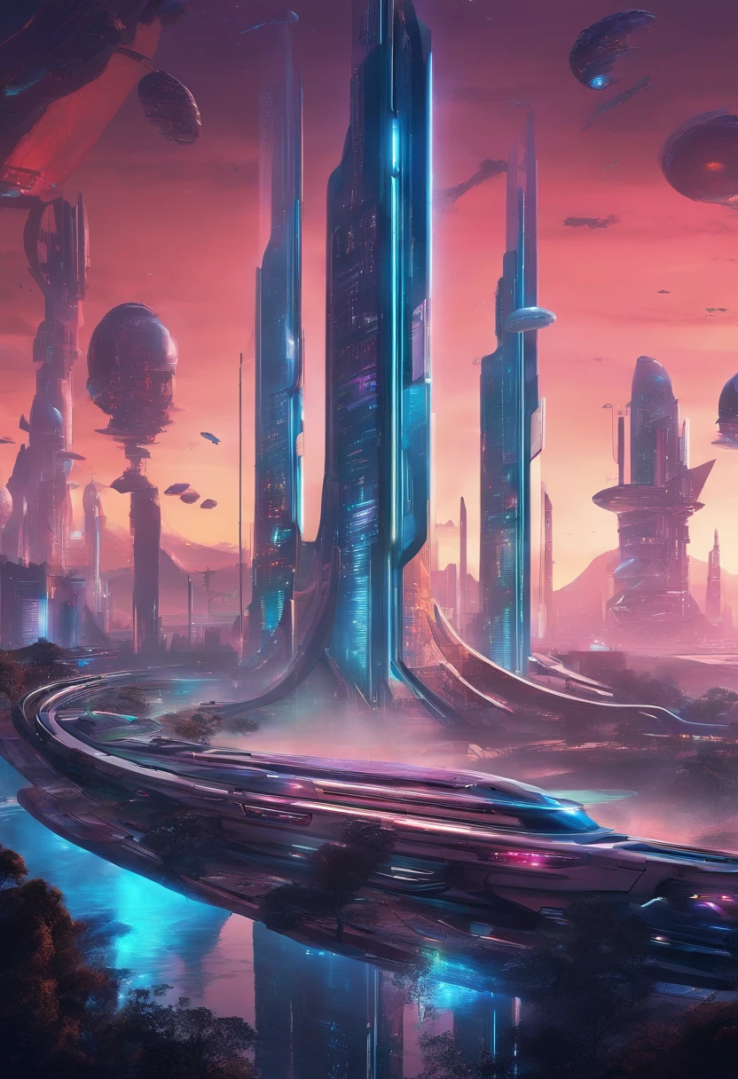 futuristic city with futuristic train and futuristic buildings at night, Arte conceitual do futuro, outra palavra futurista cidade, Em Fantasy Sci - Cidade de Fi:, bela cidade do futuro, futuristic utopian city, 8K resolution concept art, 8K resolution concept art, cidade do futuro, Porto espacial futurista, arte conceitual 8 k, Arte conceitual de Sci-Fi Hollywood