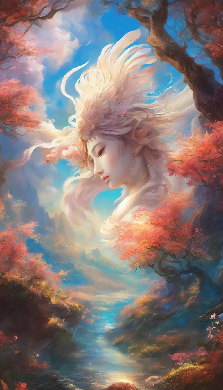 Blue sky in dreams,baiyun,Ultra-ethereal sky,Thick rolling white clouds,Like white clouds in a fairyland,Phoenix Dance Cloud,Phoenix spreads its wings and flies in the shape of a cloud,closeup cleavage,(ultra-realistic realism),(Unreal style),(8k wallpaper),(light and shadow effect),rendering by octane,White balance design,Extremely detailed picture depiction,wide angles,depth of fields,tmasterpiece,realisticlying,Beautifully depicted,A detailed,acurate,Works of masters,tmasterpiece