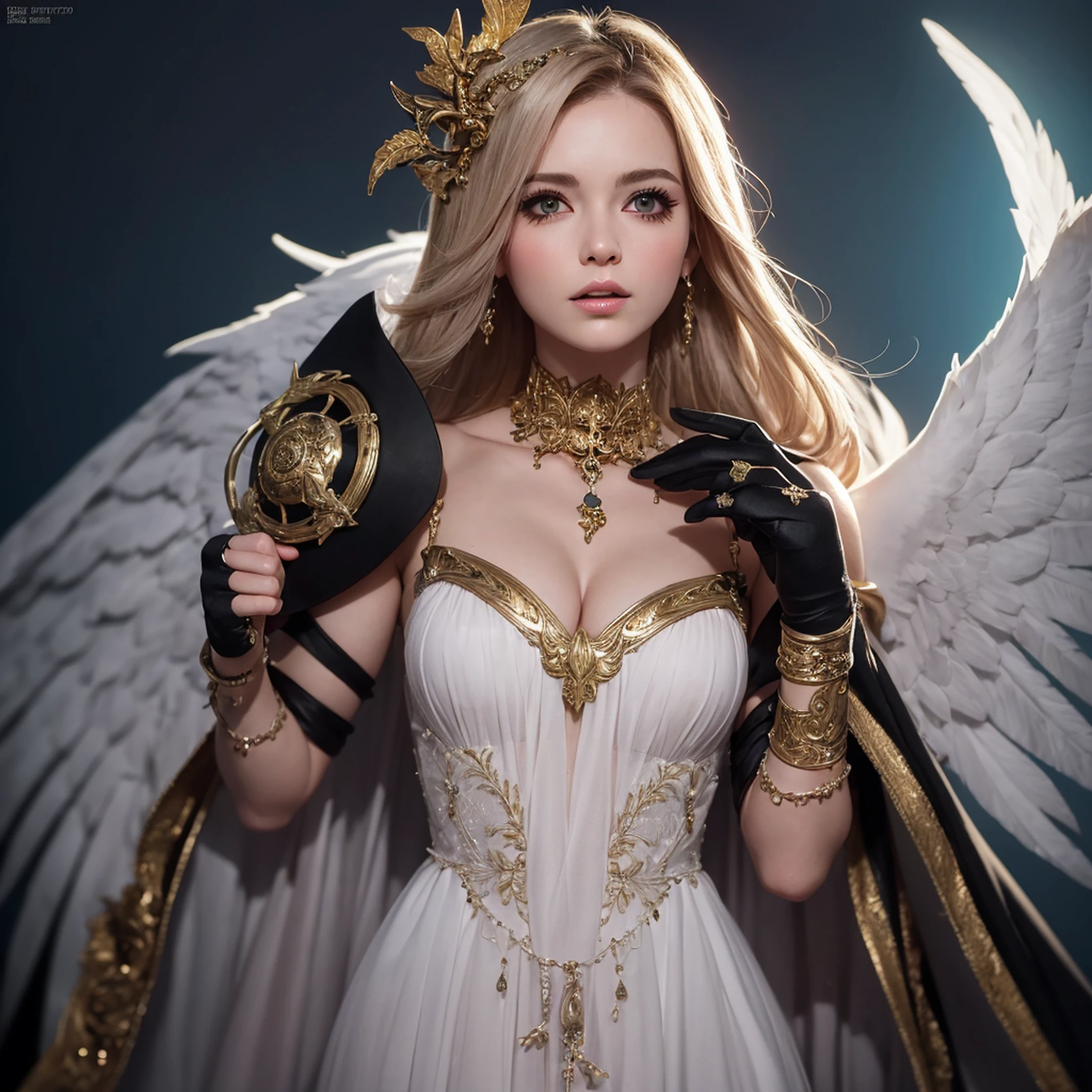 Ultra-detailed complex 3D rendering of the face, (Colossal: 8.8), (masterpiece, top quality, octane rendering, 8K), glamour shot full body image, cleavage, (highly detailed skin: 1.2), (exposure: 1.1), (blonde), (wearing a plummet tank top of gold silk: 1.5)), blonde hair, beautiful Caucasian woman with full soft breasts and white skin, one with big ass, long braided hair, big breasts, dynamic angle, mystical expression, ultra-realistic photography, (((((portrait))), bare feet, futuristic city background, facial muscles, detailed and beautiful queen tiara, in the style of Marvel Comics, clear focus, studio photography, intricate details, highly detailed, detailed yellow eyes, sharp focus, digital rendering, professional, abs, ((((sexy pose))), natural jungle, open mouth lightly, mansle, open crotch, seductive look, angel ring, detailed angel wings, angel ring, detailed mouth inside,