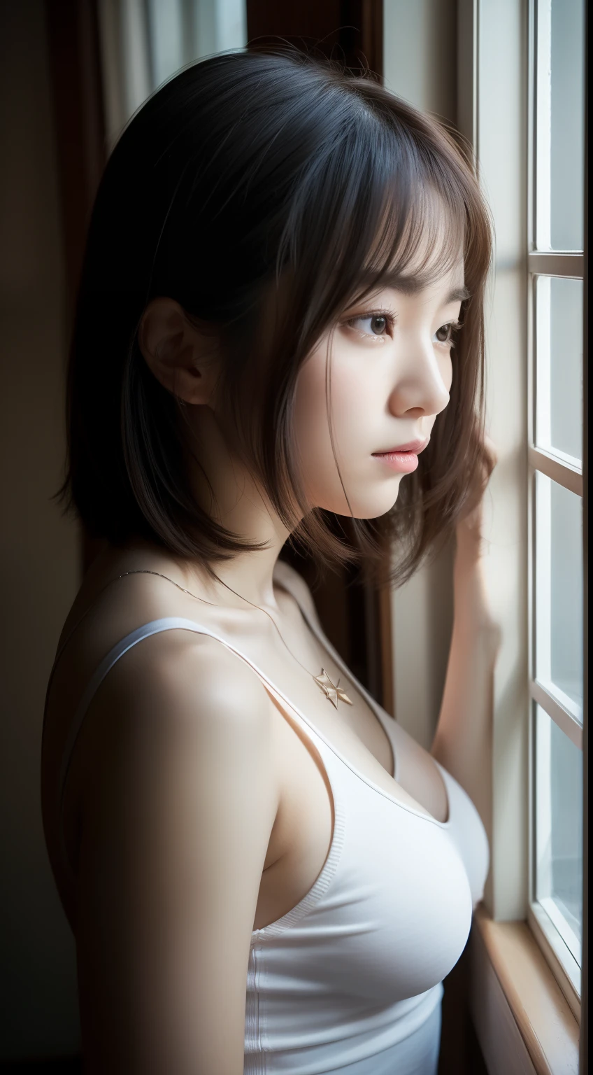 realistic photos of 1 cute Korean star, straight hair, white skin, thin makeup, 32 inch breasts size, wearing tank top, necklace, looking out from window, in lonely day, upper body portrait, backlighting, UHD