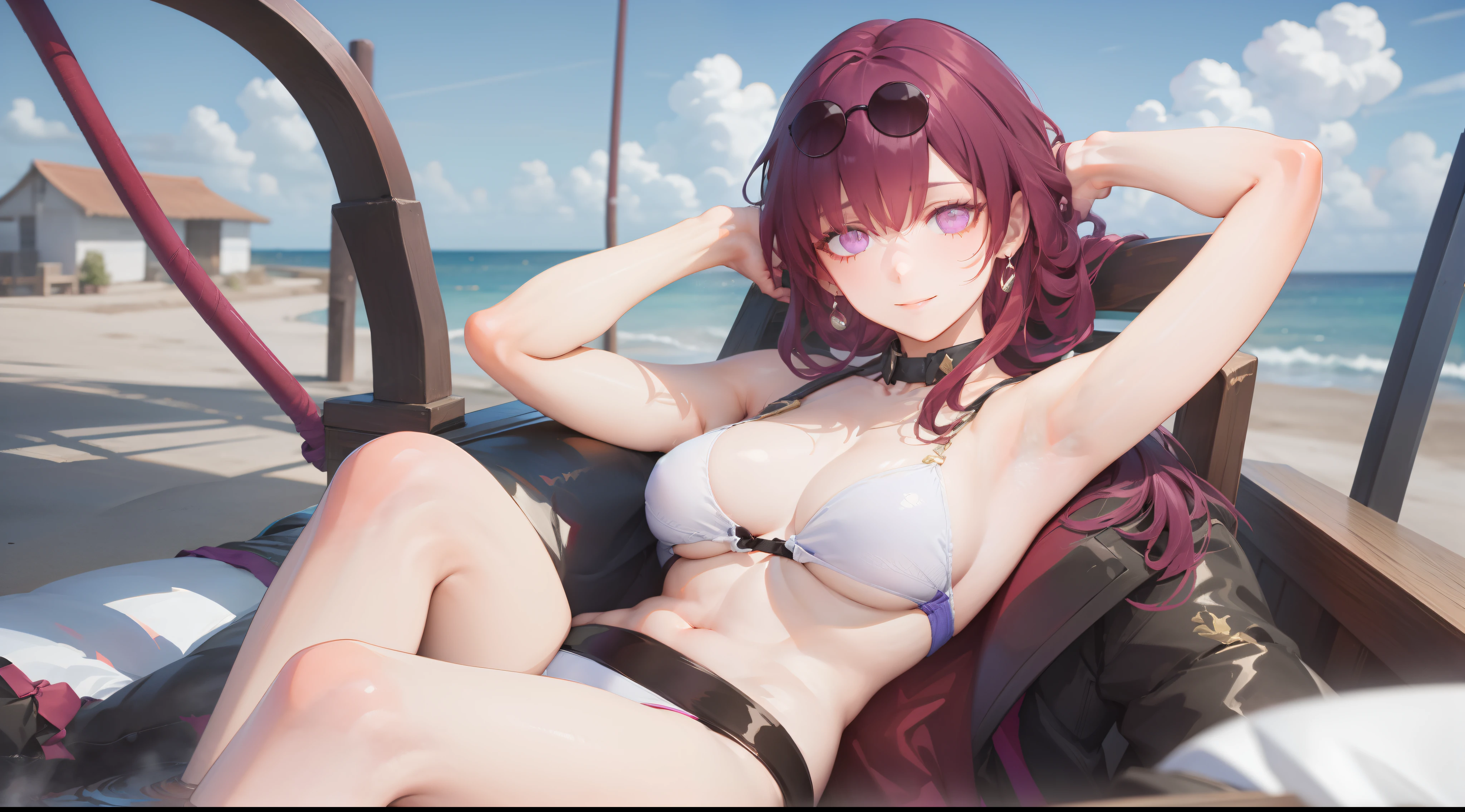 Obra maestra, Ultra detallado, Solo 1chica, solamente, oficial, purple eyes, (empty eyes:1.2), Full Body Swimsuit, 1girl, Mirando al espectador, They are smiling, sonrojarse, Backgroud de playa,