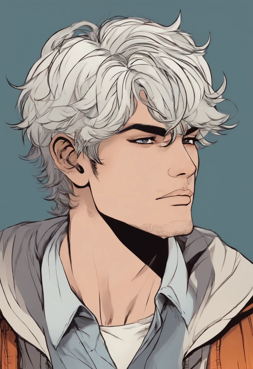 Um personagem masculino de quadrinhos jovem, com cabelos longos brancos, utilizando um sobre tudo