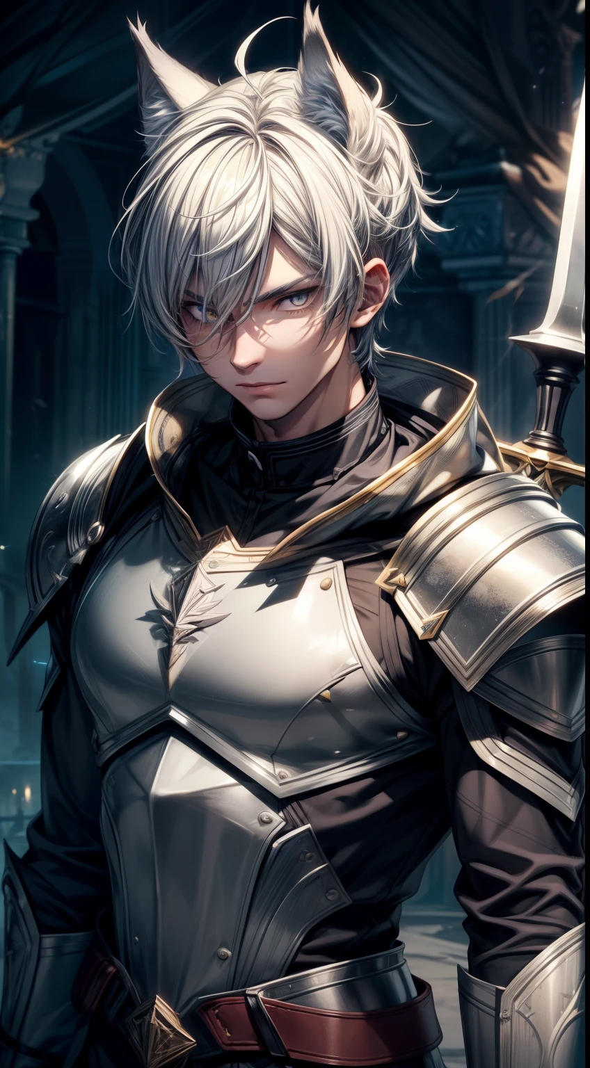 high contrast, (8K UHD:1.2), (photorealistic:1.2),(masterpiece:1.4), (best quality:1.4),extremely detailed wallpaper, highly detailed illustrations, (1 boy), (best lighting) , (super-complex details) , 4K unified, (super-detailed CG: 1.2) , (8K: 1.2),(original), (masterpiece) , (best quality),(Masterpiece:1.4),Anime-ish high quality,Castle, beautiful light hues, wolf tail,wolf ears,silver hair, perfect hands, masterpiece, male,man, lightning surrounding, glistening sparks, beautiful, sparkling glowing closed eyes, radiant, innocent beauty, attention to details,short hair,serius face,templar golden knight outfit,sword