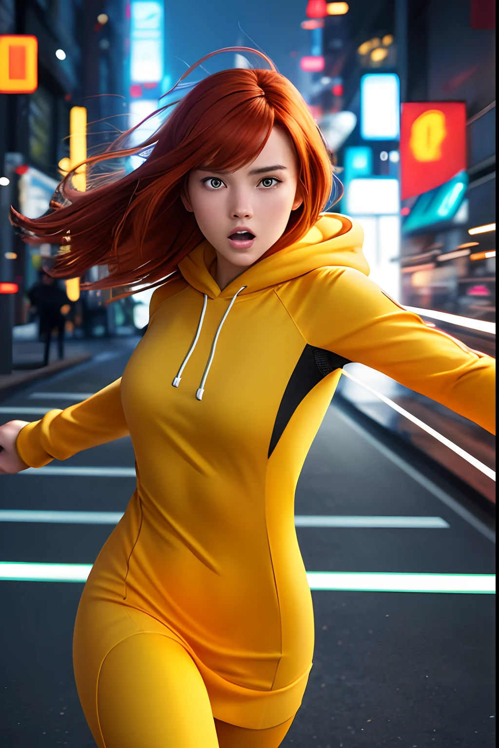 Close up image of 2 subjects, 1girl with auburn colored hair, wearing long sleeve white dress with hood, (running towards camera), (woman looks scared), frightened, running for her life, running away from man wearing armor, getting grabbed by man, down a dirty city alley, futuristic city at (night:1.4), blue and yellow neon signs, chase scene, action scene, thick outlines, comic book style, dynamic camera angle, realistic skin, realistic hands, perfect hands, action lines, motion blur background