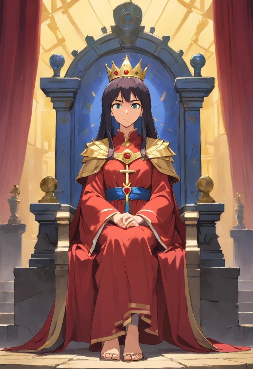 Justice is an androgynous young man sitting on an almost hidden throne, with open eyes and a severe countenance, ready to judge coldly, according to rationality and not emotions.
Justice wears a red cloak, representing material dominion, and covers herself with a green cloak, which shows that she also has mercy, as she does not judge excessively harshly, mother fairly. The crown indicates authority and its square shape, in addition to the jewel, also square, symbolize the rationality that guides justice. In her right hand, she holds a double-edged sword with a blue blade, which represents divine justice, which punishes severely. In her right hand, she carries a scale, a symbol of balance.
The throne of justice, which represents authority, is between 2 pillars, which symbolize the restrictions of life, the purple mantle represents wisdom and the yellow sky reinforces the need for wisdom and enlightenment.
The Justice card talks about the truth and calls for impartiality in decision-making, which requires the use of reason and removes emotions.