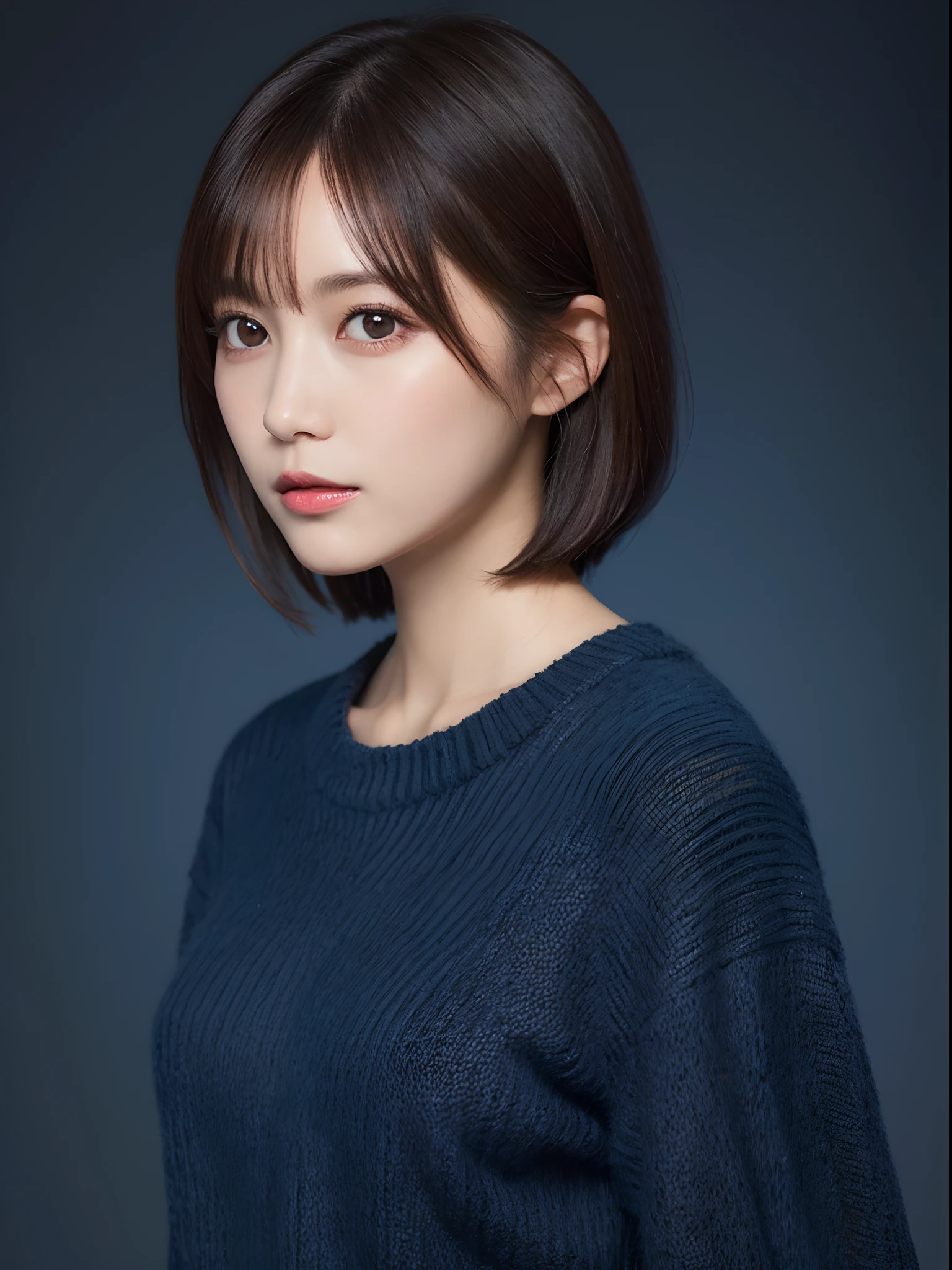 masutepiece, Best Quality, (1womanl), Ultra-detailed, finely detail, hight resolution, 8K picture quality, Perfect dynamic composition, Beautiful detailed eyes, Natural Lip, Dark blue knitted dress, extra very short hair, Abstract background, bashfulness