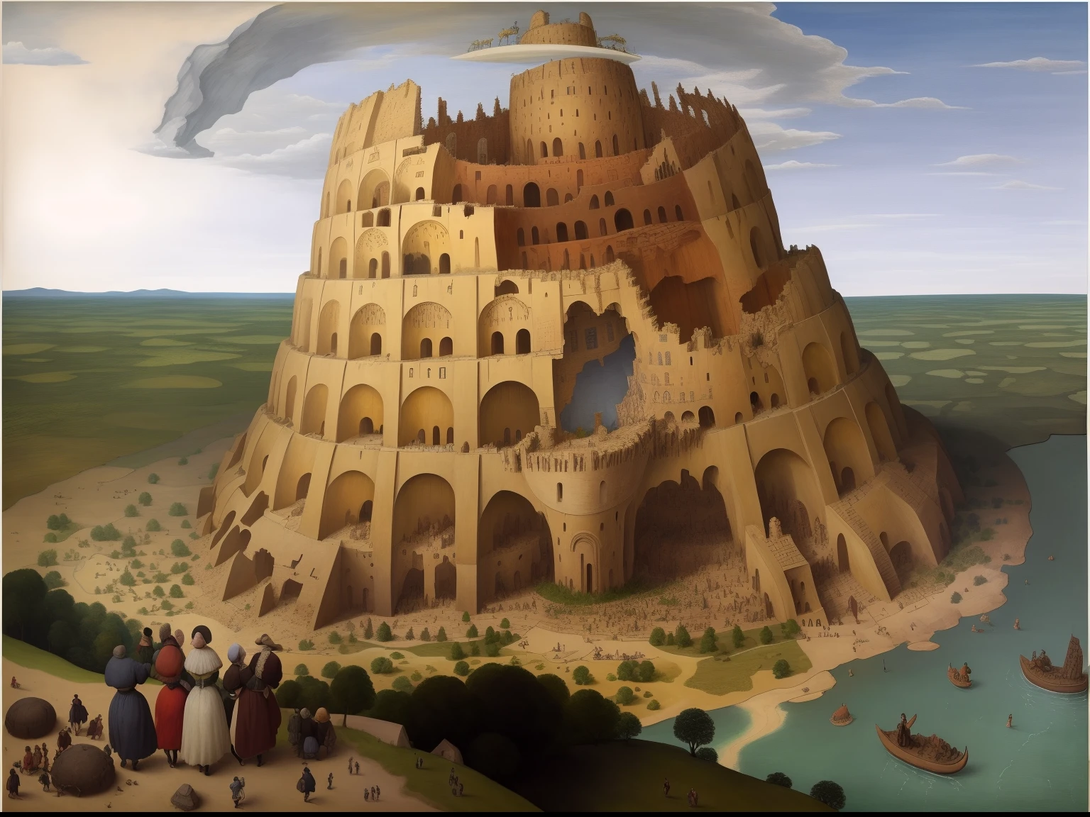 A painting of a baby tower with people standing around it, Bruegels la Torre de Babel, Torre de Babel, La Torre de Babel, Babel, zigurat, por Pieter Bruegel el Viejo, ancient megastructure pyramid, por Pieter Bruegel, Biblioteca de Babel, por Pieter Brueghel el Joven