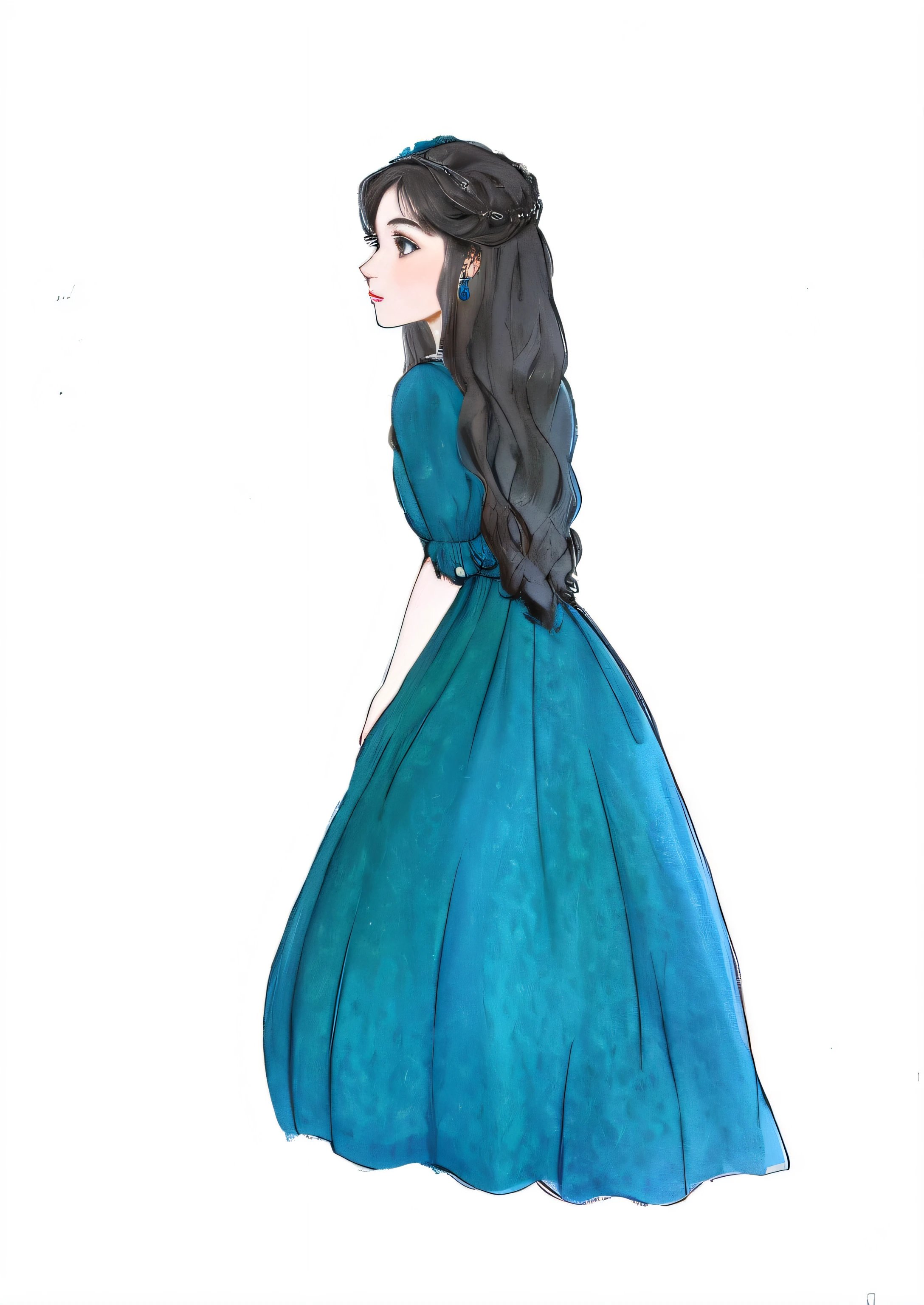 um close up de um desenho de uma mulher em um vestido verde, No estilo de arte de Bowater, senhora semi-virada em vestido de noite, menina em um vestido, inspirado em Sophie Pemberton, Inspirado em Reyna Rochin, Luthien, colorful sketch, an elegant gothic princess, um vestido azul, inspired by Amelia Peláez, cor verde