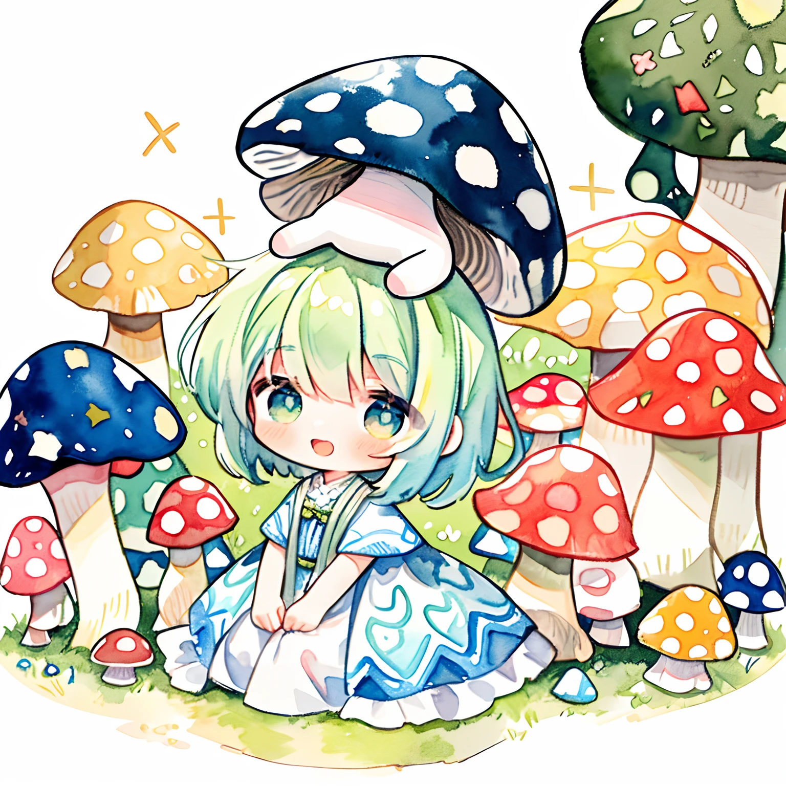 (PastelColors:1.3)、(Cute illustration:1.3)、(watercolor paiting:1.1)、 Chibi:1.2、
Detailed background、1girl in、Smile with open mouth、Beautifully detailed、Moya、colourfull、marble、Particles of light、patterns、
Detailed drawing、Vibrant colors、striking contrast、intricate detailes、Delicate depiction、Luminescent、full body Esbian、
From the side、Beautiful facial features、Brightly colored eyes、Wearing intricate and delicate ornaments、glowing aura、Radiant hair、
Illuminated by the morning light、(mushroom on head:1.3)