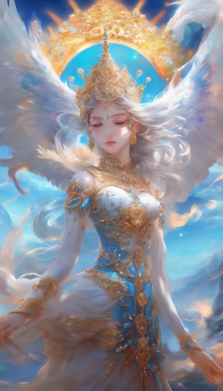 Blue sky in dreams,baiyun,Ultra-ethereal sky,Thick rolling white clouds,Like white clouds in a fairyland,Phoenixes fly in shape-like clouds,Clouds in the shape of giant birds spreading their wings,closeup cleavage,(ultra-realistic realism),(Unreal style),(8k wallpaper),(light and shadow effect),rendering by octane,White balance design,Extremely detailed picture depiction,wide angles,depth of fields,tmasterpiece,realisticlying,Beautifully depicted,A detailed,acurate,Works of masters,tmasterpiece