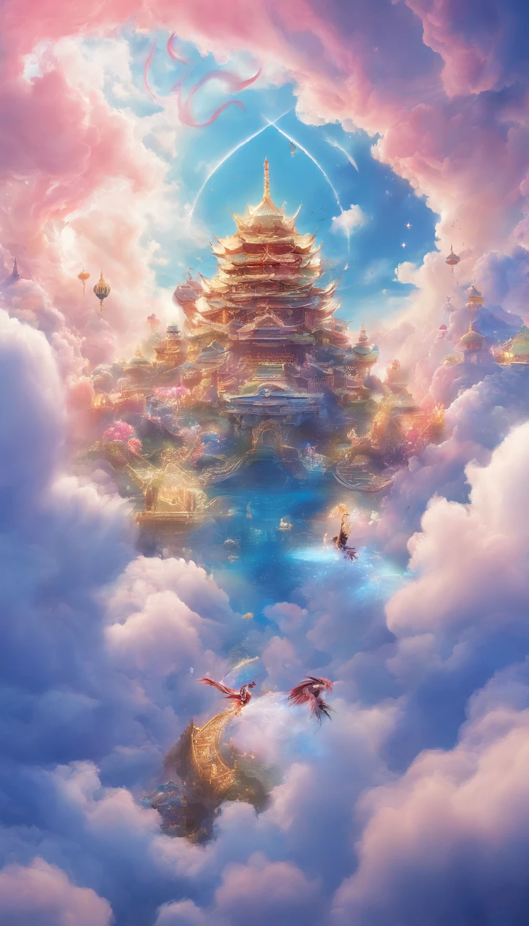 Blue sky in dreams,baiyun,Ultra-ethereal sky,Thick rolling white clouds,Like white clouds in a fairyland,Phoenixes fly in shape-like clouds,Clouds in the shape of giant birds spreading their wings,closeup cleavage,(ultra-realistic realism),(Unreal style),(8k wallpaper),(light and shadow effect),rendering by octane,White balance design,Extremely detailed picture depiction,wide angles,depth of fields,tmasterpiece,realisticlying,Beautifully depicted,A detailed,acurate,Works of masters,tmasterpiece