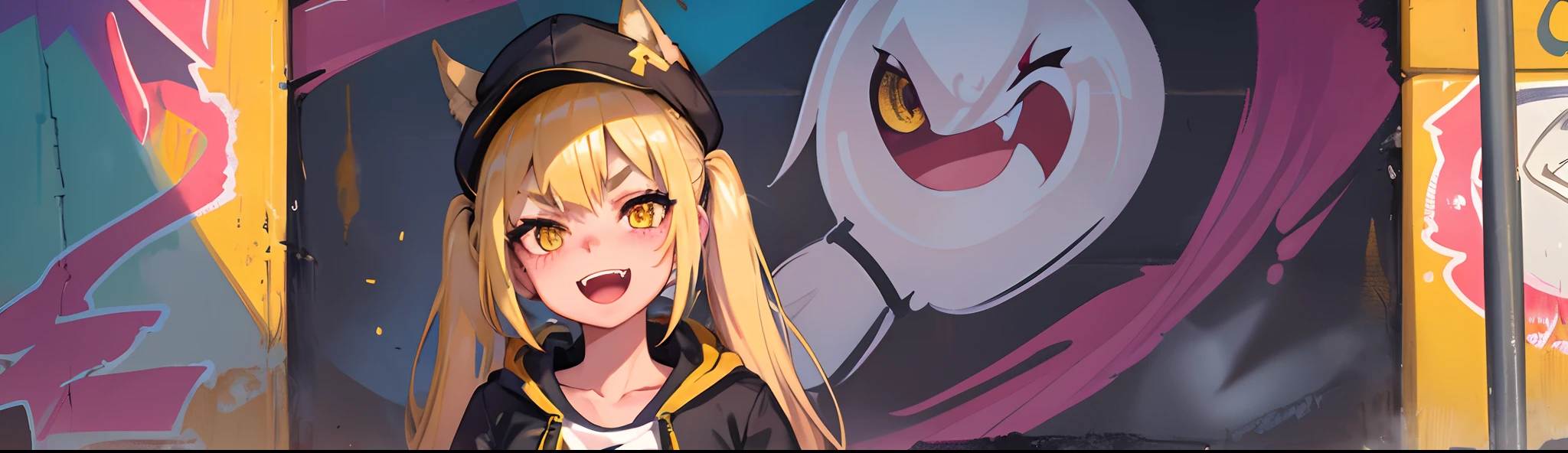 Original Character, Volumetric Lighting, Best Shadows, Shallow Depth of Field, Portrait Of Stunningly Beautiful Girl, Petite, Delicate Beautiful Attractive Face With Alluring Yellow Eyes, Messy Painted Face, Sharp Eyebrows, Broadly Smiling, Open Mouth, Fangs Out, Lovely Medium Breasts, Layered Long Twintail Blond Hair, Blush Eyeshadow, Thick Eyelashes, Applejack Hat, Oversized Pop Jacket, Mini Underboob Tee, Open Navel, Slim Waist, Denim Jeans Pants, With Buckle Belt, In The Graffiti Alley, Waste Container, Outside Stairs, Outdoor Unit, Holding Spray Paint Can, Standing, (Highest Quality, Amazing Details:1.25), (Solo:1.3), Brilliant Colorful Paintings