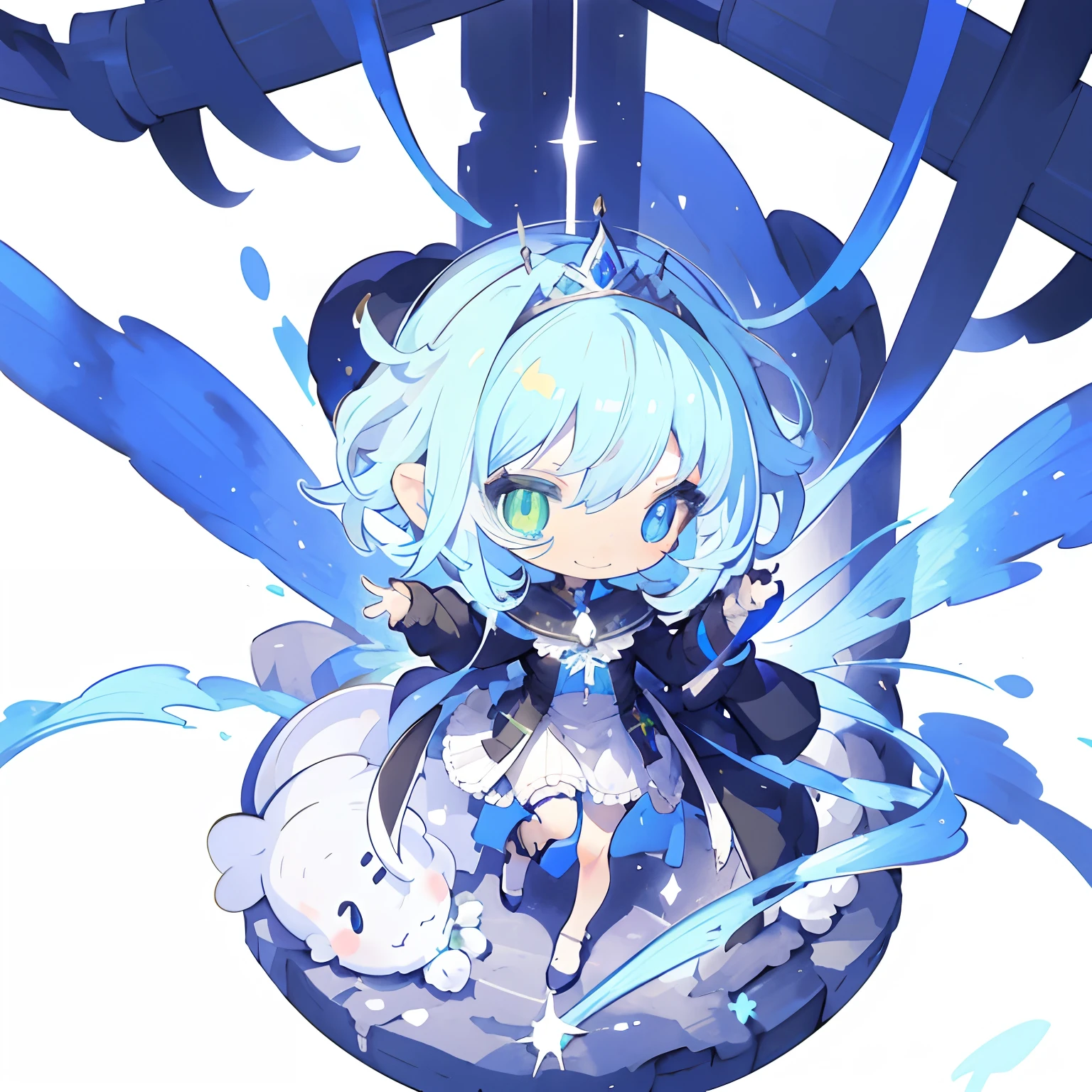 a very cute chibi anime girl,a smile,simple flat background,full body, solo,Tiara on the head,White dress,Cute Pose,(Short blue hair) ,(Blue and green eyes),(Heterochromia),Lori,Masterpiece,Best Quality