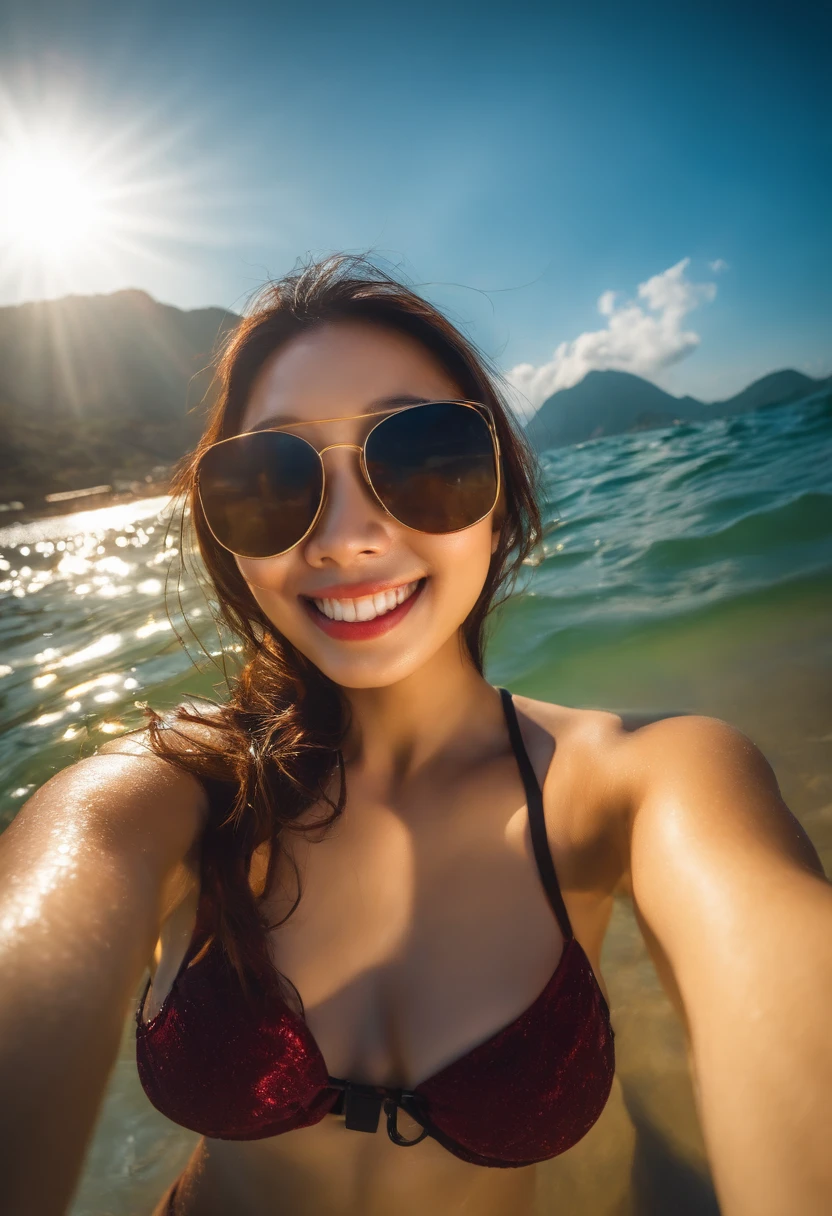 Selfie, Photo cute Hong Kong girl with GoPro camera, Sexy swimsuit and on the beach, Wet, Smile, Sharp face, Soft lighting, fish-eye lens, solar flare,