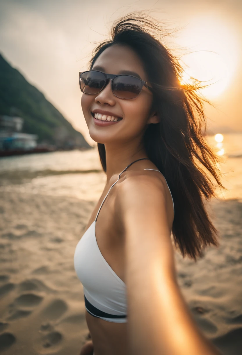 Selfie, Photo cute Hong Kong girl with GoPro camera, Sexy swimsuit and on the beach, Wet, Smile, Sharp face, Soft lighting, fish-eye lens, solar flare,