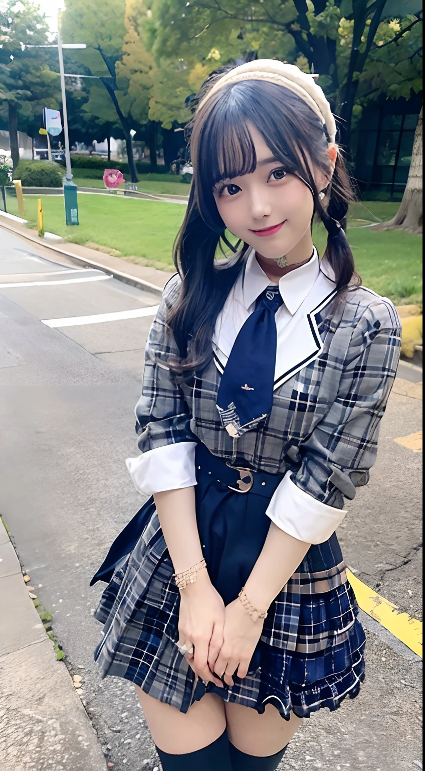 ​masterpiece, top-quality, Hi-Res, SUI1, 1girl, 独奏, side poneyTail, hoshimachi suisei, fingerless gloves, Single thigh, jewely, single sock, thigh strap, A bracelet, blue socks, buttoning, single kneehigh, Plaid Dresses, Blue Choker, Blue Belt, plaid skirts, mini crown, Gray skirt, blue ascot, long-sleeve, Plaid jacket, cowboy  shot,a smile、blue hairs