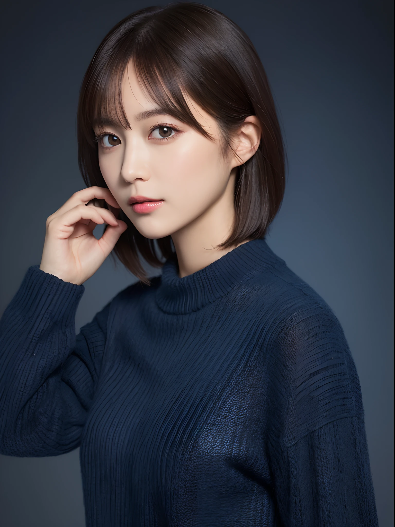masutepiece, Best Quality, (1womanl), Ultra-detailed, finely detail, hight resolution, 8K picture quality, Perfect dynamic composition, Beautiful detailed eyes, Natural Lip, Dark blue knitted dress, extra very short hair, Abstract background, bashfulness