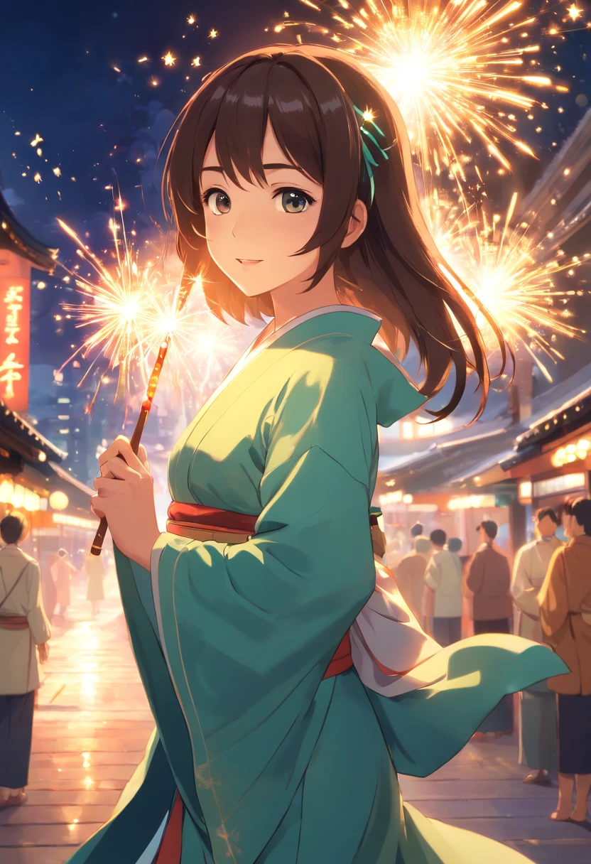 sparklers,Absolutely beautiful girl,laughingly,Hanfu,Vista Lantern,Sexual desire bombs wome,