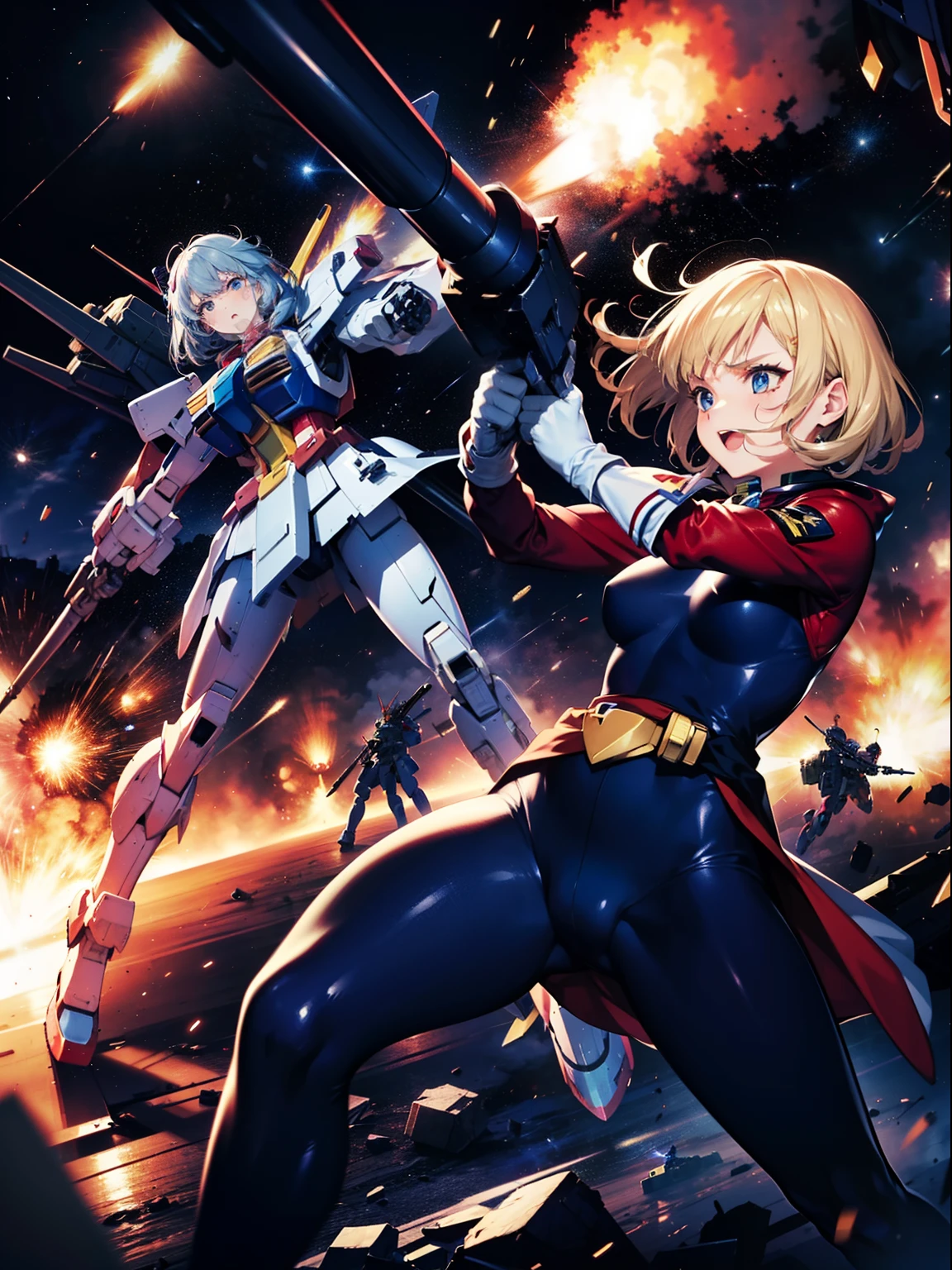 (Girls punching the GUNDAM, knocking down the GUNDAM), Girls destroying GUNDAM, Girls fighting to GUNDAM, holding weapons, crushed GUNDAM, explosion, shooting, fired to GUNDAM, war, girl holding missile launchers, wearing mechanical suits, machinery costume, bullet belt, Girls wearing mechanical animal suits, flying in space,