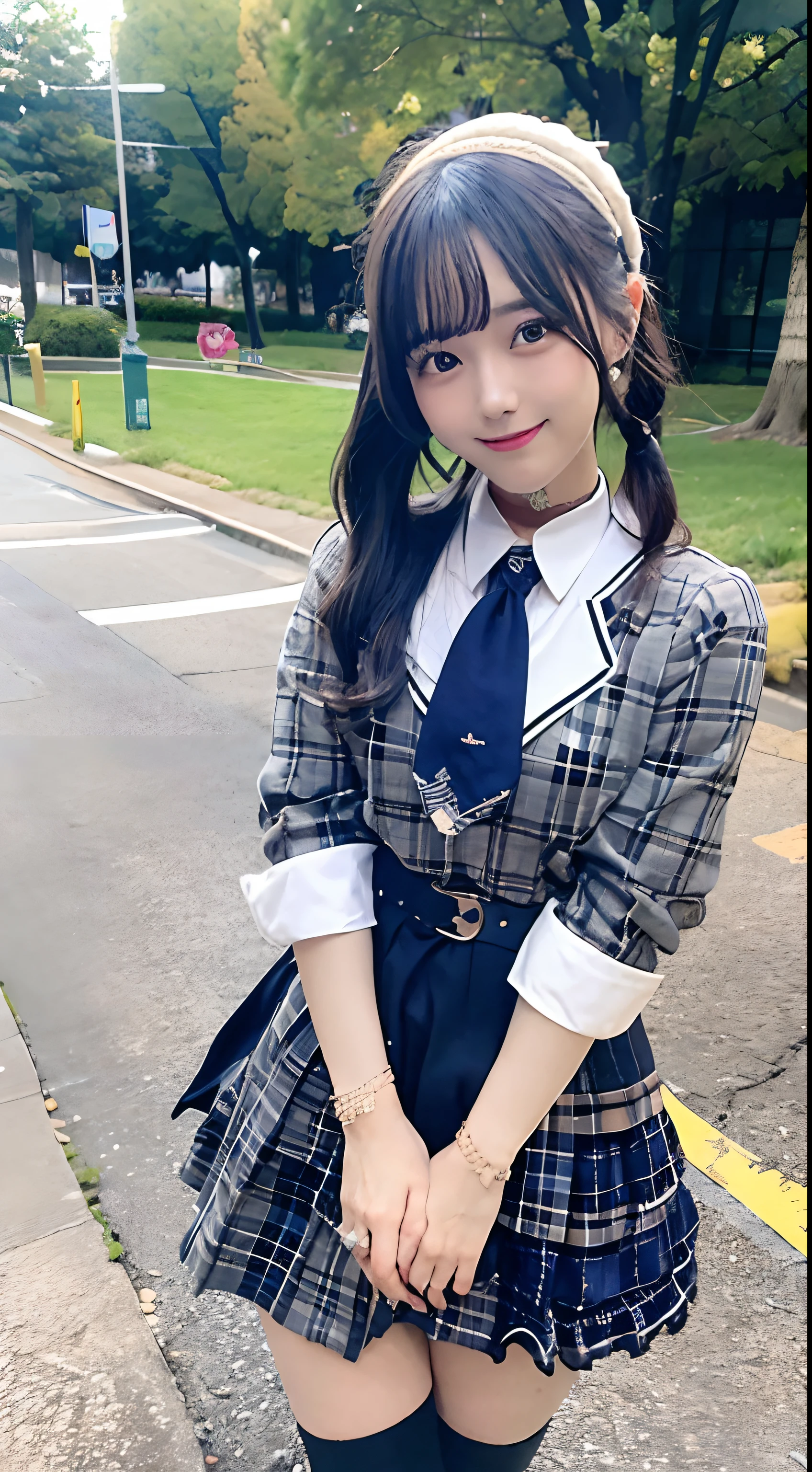 masterpiece, top-quality, Hi-Res, SUI1, 1girl, 独奏, side poneyTail, hoshimachi suisei, fingerless gloves, Single thigh, jewely, single sock, thigh strap, A bracelet, blue socks, buttoning, single kneehigh, Plaid Dresses, Blue Choker, Blue Belt, plaid skirts, mini crown, Gray skirt, blue ascot, long-sleeve, Plaid jacket, cowboy shot,a smile、blue hairs