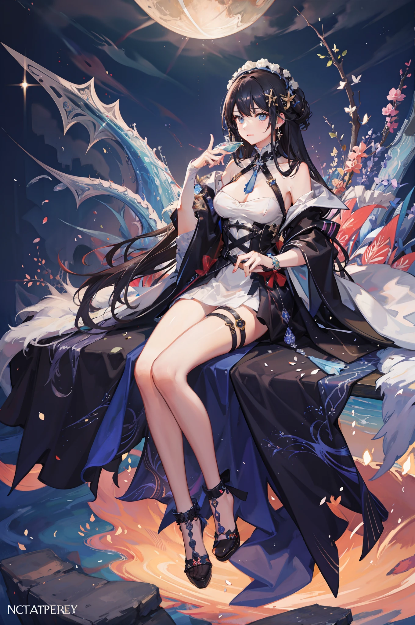 Sexy seductive lady, 30 years old, peach blossom eyes, smoky makeup, silk high-forked hanfu, stiletto heels, (bare legs), provocative expression, sitting on a throne, striped hair, black hair, moles under the eyes, makeup, anime style, seductive smile, kinky smile, chinese court, chinese feeling, lantern, chinese knot, uhq, masterpiece, , 8k, best quality, ccurate, anatomically correct, highly detailed characters, stiletto heels, bare legs, rounded smooth bare legs, (8k, original photo, best quality, Masterpiece,,:1.2),((character)concept art),Full body concept,fine details,Screen center,