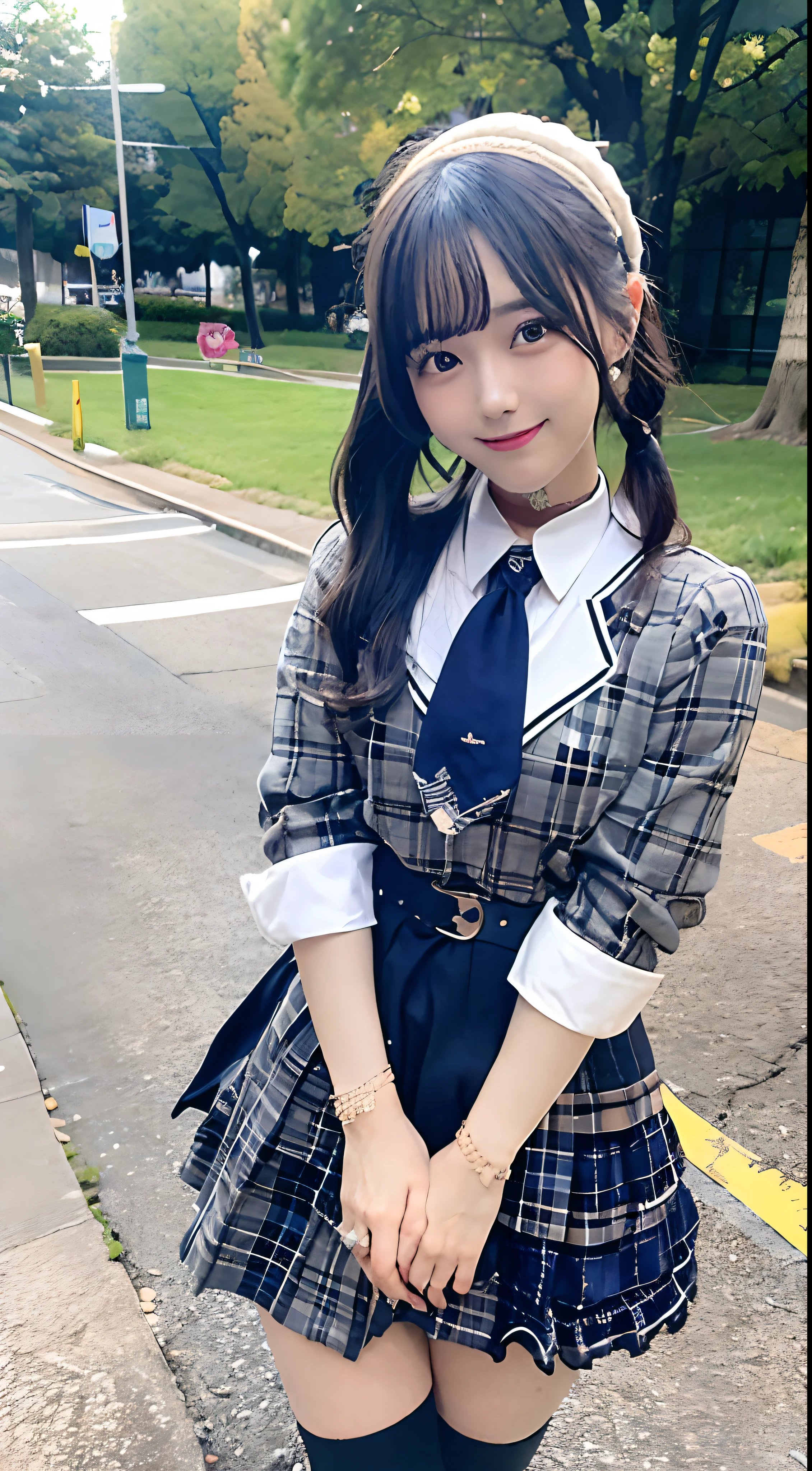 ​masterpiece, top-quality, Hi-Res, SUI1, 1girl, 独奏, side poneyTail, hoshimachi suisei, fingerless gloves, Single thigh, jewely, single sock, thigh strap, A bracelet, blue socks, buttoning, single kneehigh, Plaid Dresses, Blue Choker, Blue Belt, plaid skirts, mini crown, Gray skirt, blue ascot, long-sleeve, Plaid jacket, cowboy  shot,a smile、blue hairs