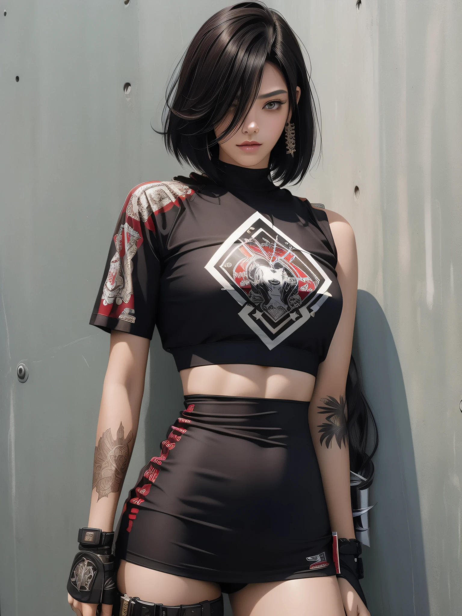 (((mulher))), (((melhor qualidade))), (((obra prima))), (((adulto))), (((1girl))), ((( corte de cabelo bob ))), A 25-year-old Asian woman, gladiador cyberpunk com corpo perfeito, shoulder pads with metal spines, Gladiadores do Brooklyn, (( corte de cabelo bob )), tiny leather panties, camiseta de time de rugby rasgada, quase nua no estilo selvagem urbano de Simon Bisley para a capa da revista Heavy Metal, Cabelo loiro curto, Minimum clothing, Metal protection on the left arm with intricate graphics, Dark red with white stars and zigzag striped pattern, azul marinho e branco, armadura, cheio de espinhos, (((do joelho pra cima))), cabelos loiro branco curto, no fundo uma parede pintada por Shepard Fairey com um design intrincado