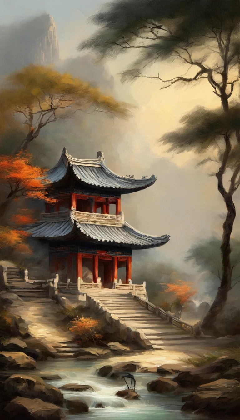 Quaint Han Dynasty style temple,Monks meditate in front of the temple(closeup cleavage),Meditate,zazen,A meditative(Chinese landscape painting),(ink and watercolor painting),(8k wallpaper),(light and shadow effect),rendering by octane,White balance design,Extremely detailed picture depiction,wide angles,depth of fields,tmasterpiece,realisticlying,Beautifully depicted,A detailed,acurate,Works of masters,tmasterpiece