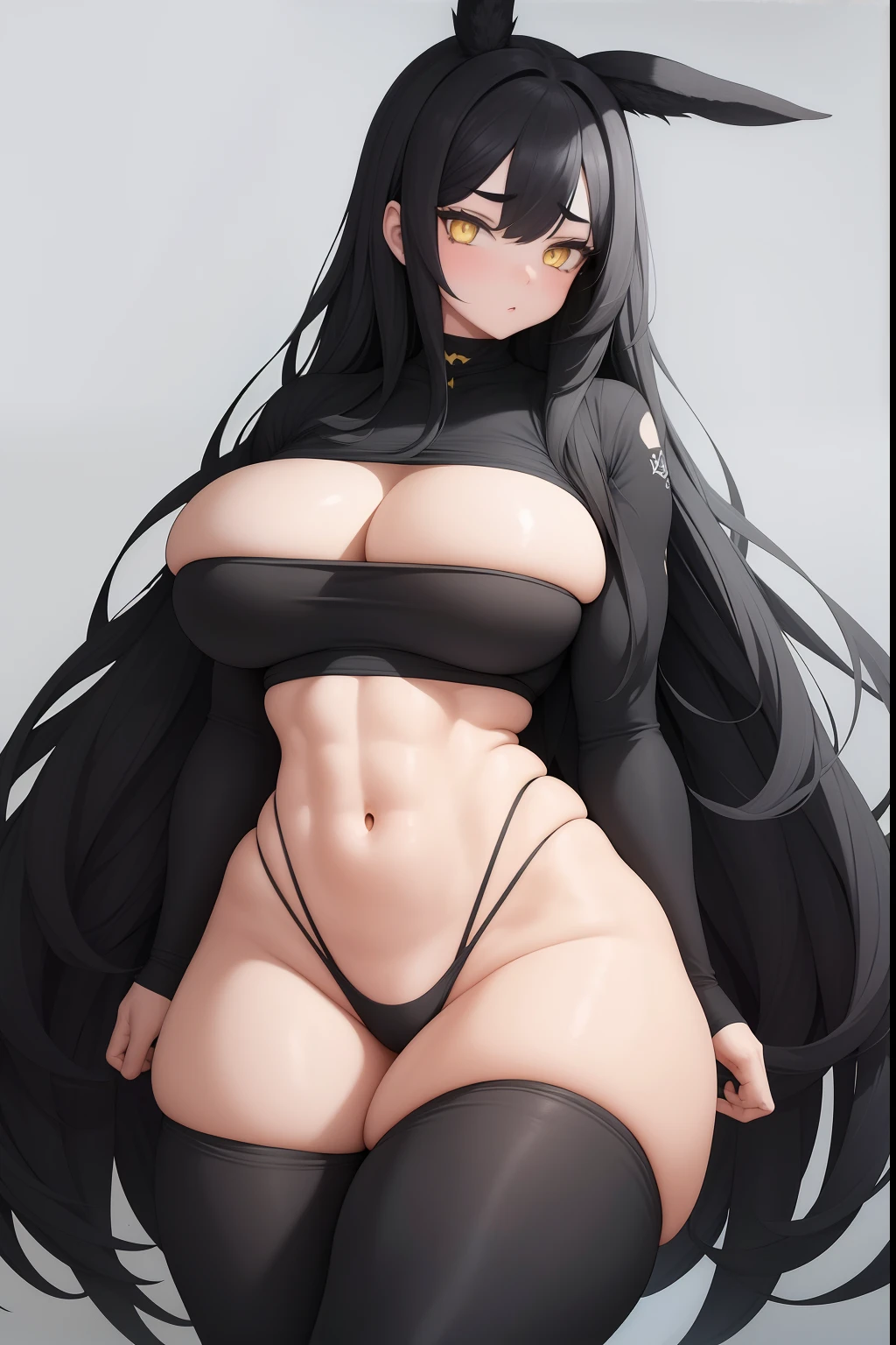 1 girl, black hair, simple background, yellow eyes, extremely long hair, muscular, large breasts, curvy