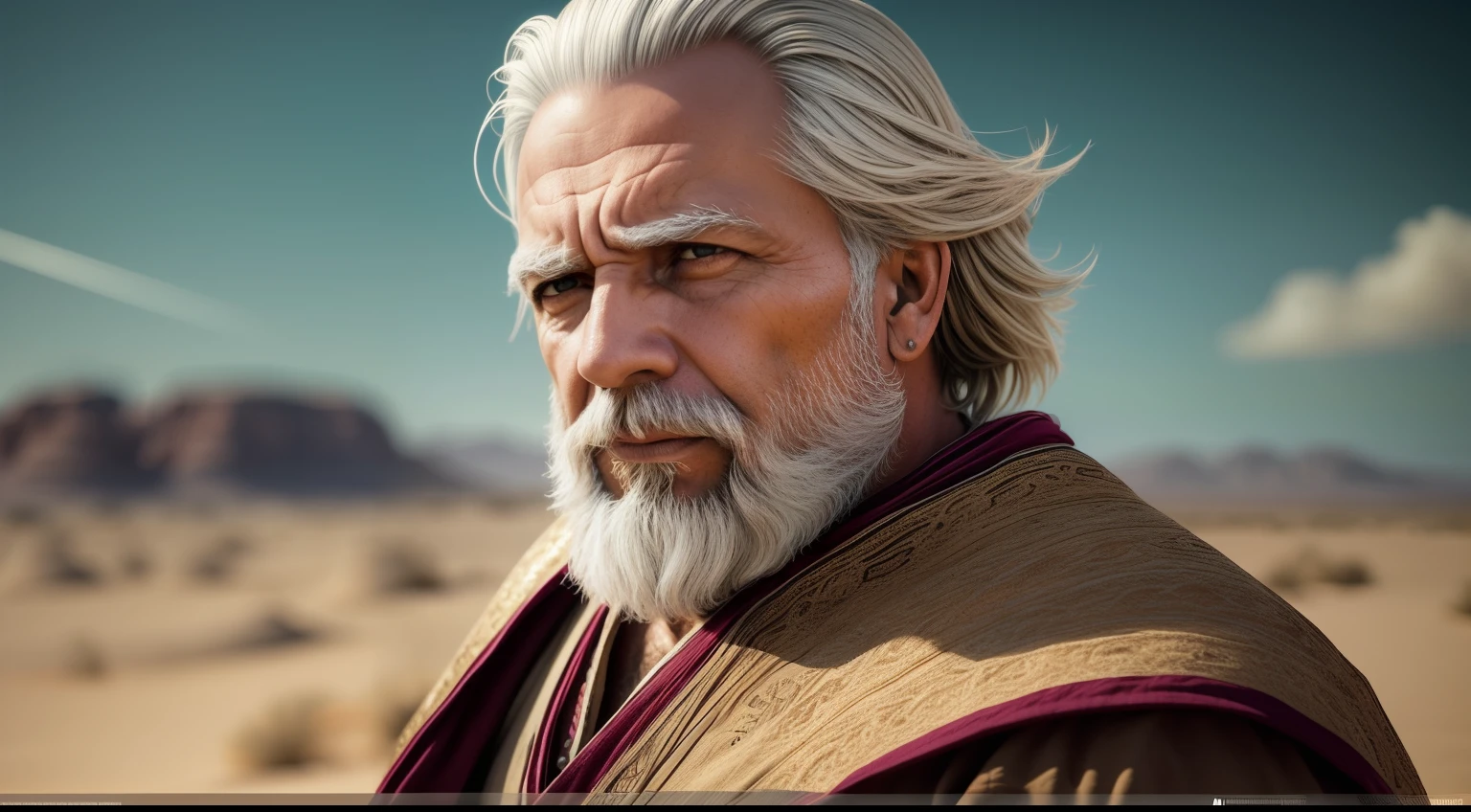 homem idoso, barba e cabelo branco, rosto envelhecido, queimado pelo sol do deserto, wears only a tunic, (Biblical garments), Realismo extremo, Highly epic style, Very old sage, marcado, Rigid resources, criado no deserto, bronzeado, alta resolução, trabalho-primor, only battered tunic, epics , wise look, olha para o horizonte, imagem de perfil, olhos perfeitos, extremamente real, , deserto sombrio, personagem rude, dark epic, fundo deserto no estilo Sinai, Motor Unreal 5, Motor Unreal 5 4 K UHD imagem, 8k portrait render, hiper-realista, homem de 60 anos , Blurry cinematic background,fotorrealista, studio dark, Rim lighting, dual-tone lighting,8k UHD, DSLR, soft-lighting, alta qualidade, volumeric lighting, sincero, fotografia, alta resolução,There's a man with a white beard, Biblical garments, ao ar livre, Realistic cinematic portrait, cinematic bust portrait, arte conceitual ultra realista, Wojtek FUS, arte digital hiper detalhada, inspirado no artista de personagens seniores, arte do personagem do motor irreal, arte de personagem impressionante, Arte conceitual 4K e hiper realismo, Arte digital altamente realista, Old sage in the desert, Profeta FOTO escura: epic realistic, ((Biblical garments)) Soft cinematic portrait, Adobe Lightroom, photographic lab, altamente detalhado, desbotado, (cores neutras: 1,2), (HDR: 1,4) , (cores suaves:1.2), hiperdetalhado, (art-station:1.4), cinemamatográfico, luzes quentes, dramatic light, (detalhes intrincados:1.1), fundo complexo, (Rutkowski:0.66), (azul e laranja:0.4) homem mais velho, barba branca, severe features, (olhos bem detalhados) Wise old man, trabalho primoroso, obra prima, 8k, ultradetalhado, cinema, soft-lighting, alta qualidade, volumeric lighting, sincero, fotografia, alta qualidade, does not use paste, No accessories, sem caracteres no fundo, Fundo do Deserto, imagem de perfil em plano americano,