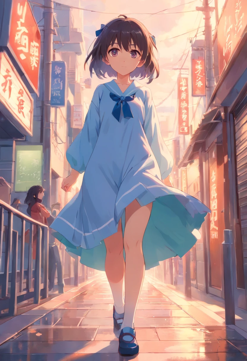 Linda ,Pelo largo blanquecino,hombros con fugas,descalzo,Cabeza mirando hacia arriba,Tumbarse en el suelo,Levanta los pies,Vestidos de turno,bragas blancas,ojos grandes,Cara linda de anime,lolicetines largos blancos,Levanta la falda,teta enorme