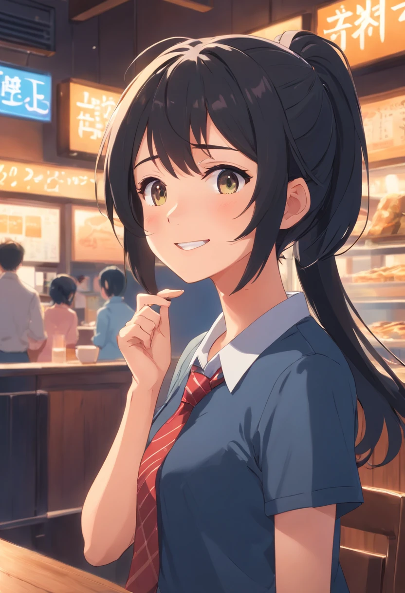 girl, Black hair, Older sister, Tie her hair into a ponytail、Laugh the speaker, high quality picture, masutepiece, Beautiful Girl, cafes,