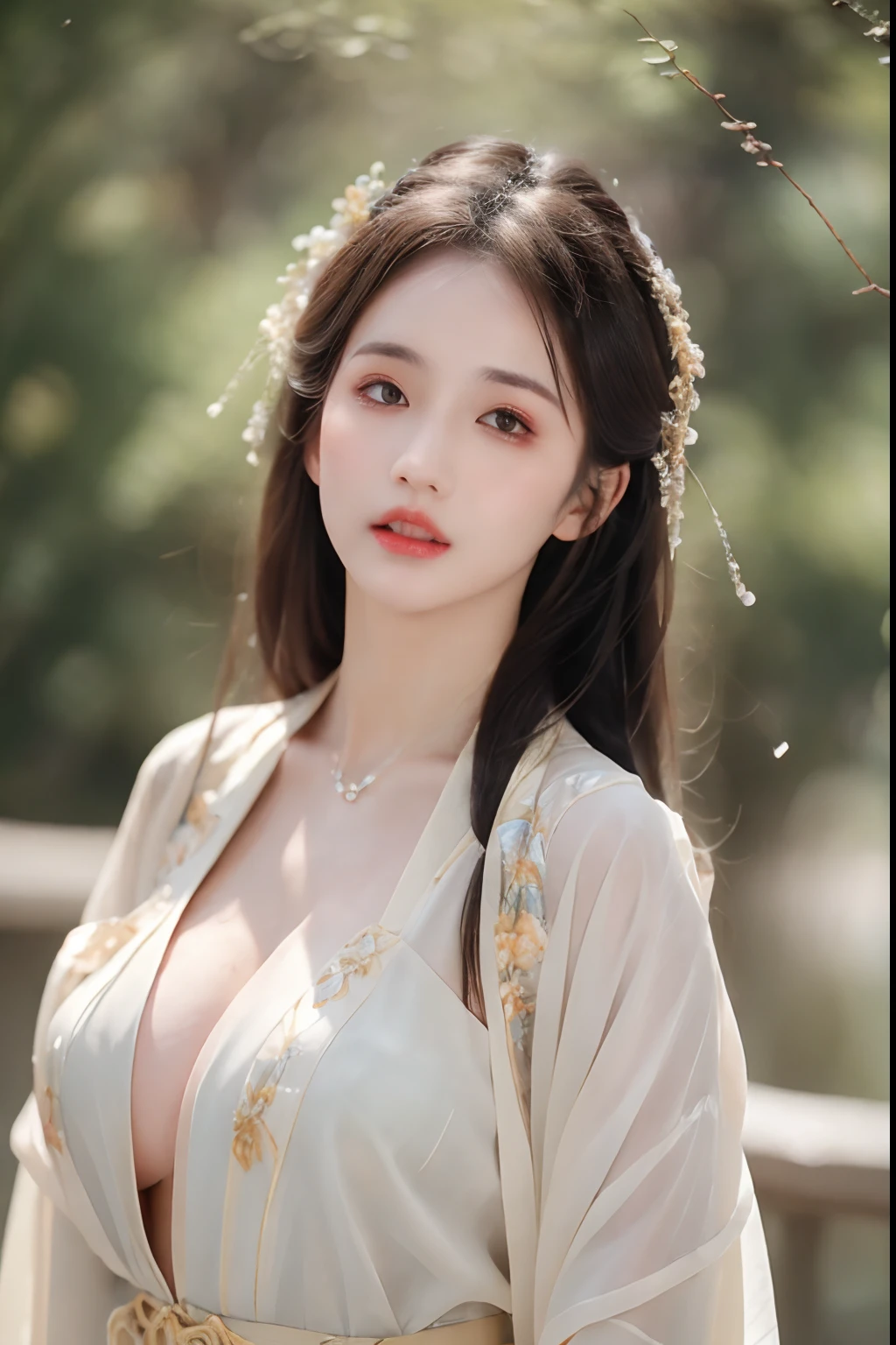 ((Best Quality, 8k, Masterpiece: 1.3)), Focus: 1.2, Perfect Body Beauty: 1.4, Buttocks: 1.2, ((Layered Haircut)), (Wet Clothes: 1.1), (Rain, Street:1.3), (Breasts: 1.2), (Hanfu: 1.2), Bare Shoulders, Bare Legs, Highly Detailed Face and Skin Texture, Fine Eyes, Double Eyelids, Whitened Skin, Long Hair, (Shut Up: 1.5), (Bokeh Background: 1.5), Big Breasts