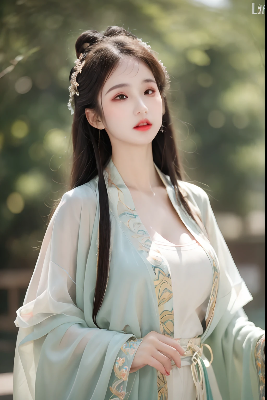 ((Best Quality, 8k, Masterpiece: 1.3)), Focus: 1.2, Perfect Body Beauty: 1.4, Buttocks: 1.2, ((Layered Haircut)), (Wet Clothes: 1.1), (Rain, Street:1.3), (Breasts: 1.2), (Hanfu: 1.2), Bare Shoulders, Bare Legs, Highly Detailed Face and Skin Texture, Fine Eyes, Double Eyelids, Whitened Skin, Long Hair, (Shut Up: 1.5), (Bokeh Background: 1.5), Big Breasts