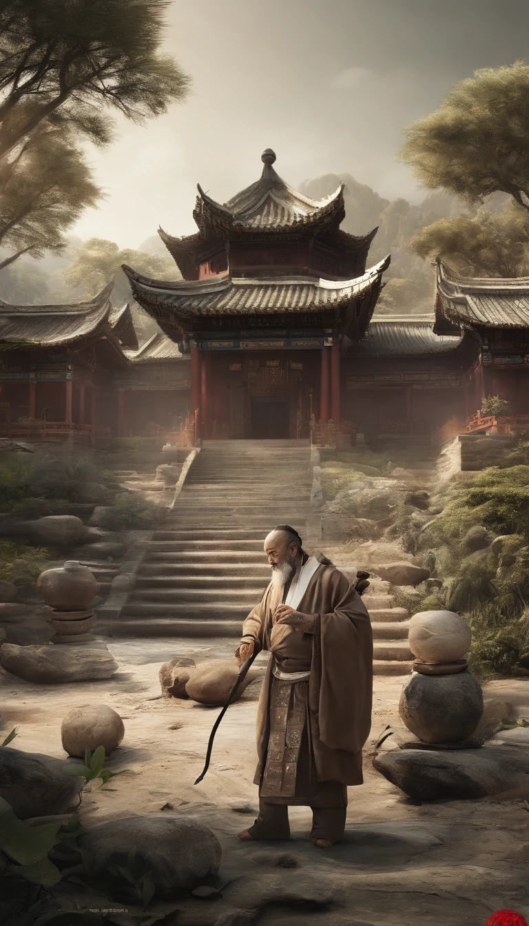 Quaint Han Dynasty style temple,Monks meditate in front of the temple(closeup cleavage),Meditate,zazen,A meditative(Chinese landscape painting),(ink and watercolor painting),(8k wallpaper),(light and shadow effect),rendering by octane,White balance design,Extremely detailed picture depiction,wide angles,depth of fields,tmasterpiece,realisticlying,Beautifully depicted,A detailed,acurate,Works of masters,tmasterpiece