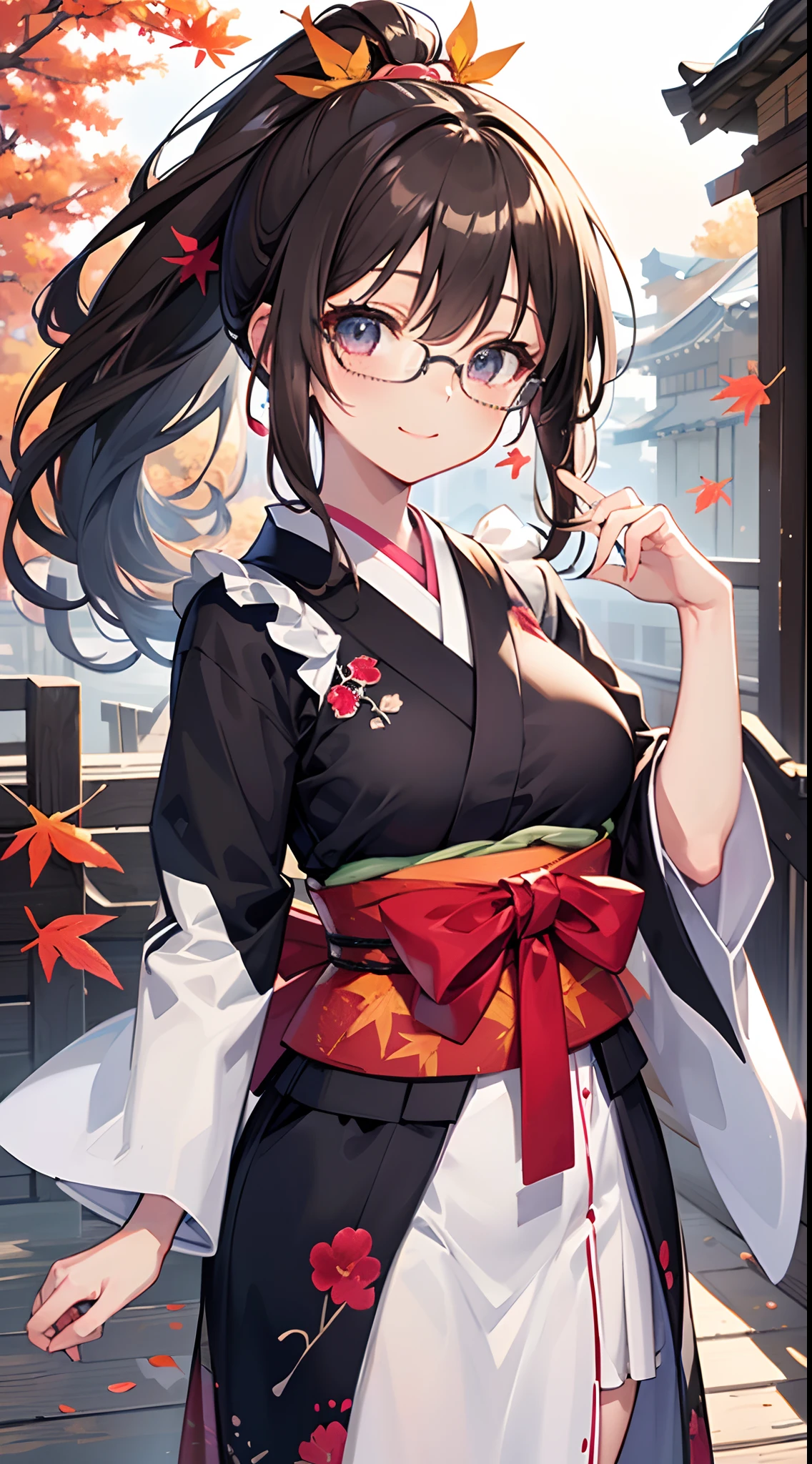 ((masutepiece)), ((Best Quality)), (Ultra-detailed), ((kawaii)), Cute, (lovely), (((Colored leaves))), ((Extremely detailed)), 4K, (8K), Best Quality, (Beautiful), Anime style, Upper body, full body focus, mont, Daytime, Autumn, Cute little girl s, 1girl in, Solo, Kimono, japanese cloth, Beautiful light brown hair, Beautiful purple eyes, ((Beautiful eyes)), White-skinned, Ponytail, Transparent hair, translucent hair, large full breasts, Glasses, ribon, Smile, lightsmile, Neon light, Wind-effect