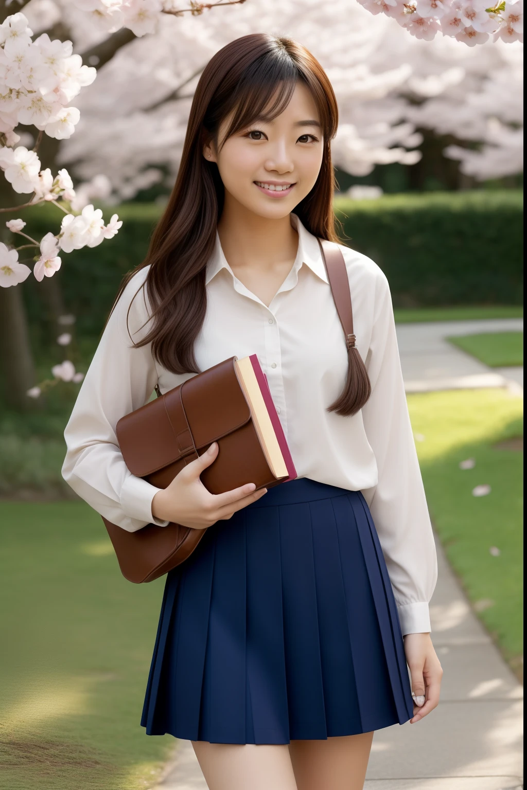 Tsugumi Shibata , Brown Eyes . light Brown Hair, , smiling, wearing a school uniform, standing in a cherry blossom garden surrounded by falling petals. She is holding a book and her backpack is resting against her leg. The scene is bathed in soft sunlight, creating a warm and inviting atmosphere. The artwork is a digital illustration with highly detailed and realistic style. The colors are vibrant and harmonious, with a focus on pastel shades to enhance the youthful and charming feel of the image. The lighting is gentle and diffused, casting a soft glow on Tsugumi's face and highlighting the delicate details of her eyes, lips, and hair. The image quality is of the highest standard, with impeccable resolution and clarity, making it an absolute masterpiece.