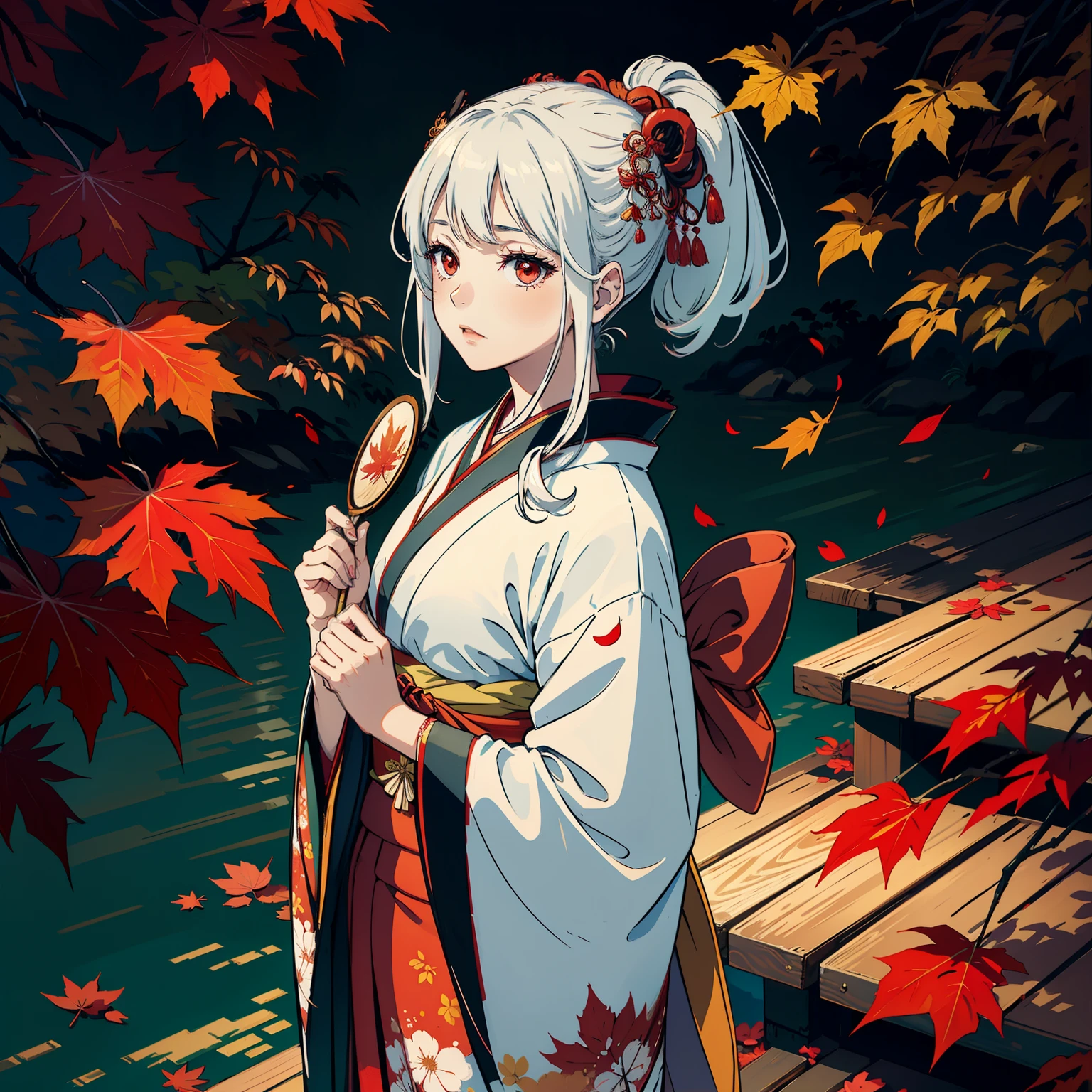 (masterpiece), high quality, kimono, graceful, peaceful, Autumu colors, falling leaves, traditional Japanese, solo, passionate colors, standing beautiful white-haired girl, red eyes