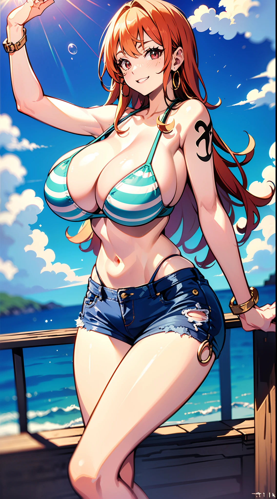 Off-the-shoulder clothing,Bust photo 21 year old girl,(Huge breasts:1.2),hyperbreasts,Breast Focus,Small and upright ,Striped bra,NSFW,POV,Paizuri,(cum on chest:1.3)(masutepiece),(Ultra-detailed),perfect-composition,photographical skin,Shiny skin,Shiny hair,100-layer-hair,photographical hair,Blunt bangs,(Black and double-sided hair:1.3),(1 girl 11 years old:1.3) ,Six-headed,Smile,Looking Up,(Large breasts:1.3),Underbust,(Cheeky little bitch:1.3),Red Eyes,(Tsurime:1.3),A mole under her right eye,She is showing her double teeth,(Posing:1.3),(Pink camisole:1.3),(ripped denim shorts:1.3),(Her shorts are unbuttoned:1.3),(Loose clothes),grin,Raw legs,(crotch seam:1.3),(Chic:1.2),(Lori:1.3),(With a simple background:1.3),